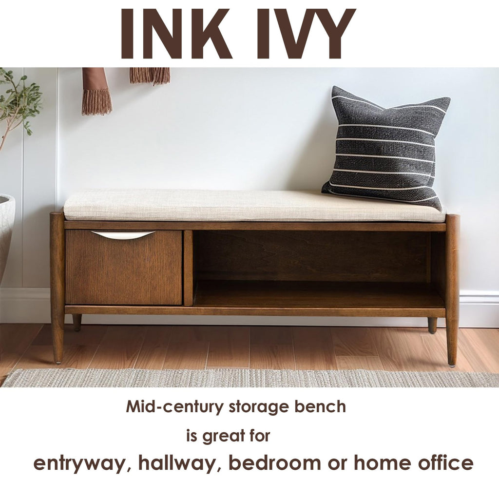 Ink+Ivy Arcadia Entryway Accent Bench with Shelf Shoe Rack, Padded Seating Bench for Living Room, Modern Compact Bed End Bench with Storage for Bedroom Seating, Removable Cushion, 42" W, Walnut Brown