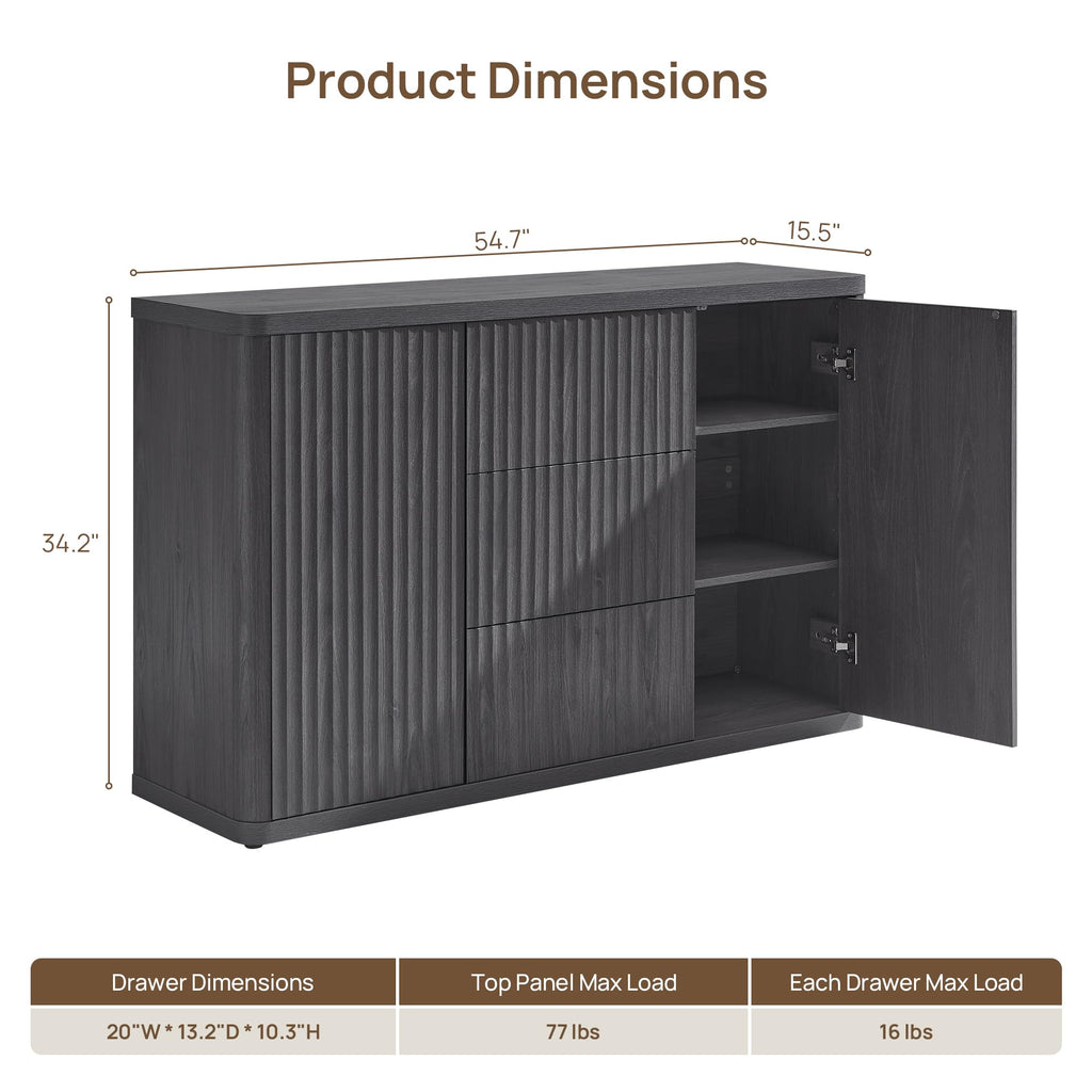 SICOTAS Buffet Cabinet with Storage 54.7" Large Modern Accent Storage Cabinet with Doors and Shelves Wooden Fluted Sideboard Credenza Buffet Table Coffee Bar for Living Room Kitchen Dining Room