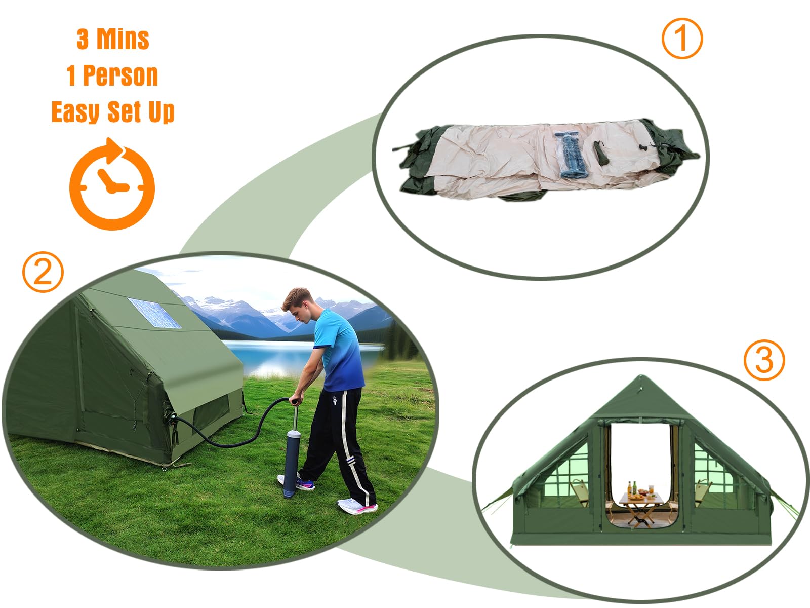 Inflatable Camping Tent, Glamping Blow Up Tent with Hand Pump for All-Season, 3 Mins Easy Setup, Waterproof Tens with Mesh Window for 4-6 Person, Suit for Family, Friend, Camp, Outdoor Gathering