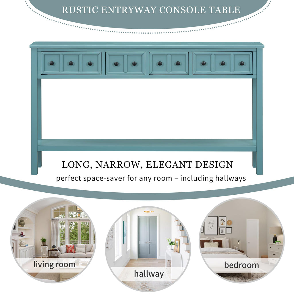Merax Wood Farmhouse Entry Way Hallway Console Table with Drawers and Bottom Shelf Narrow Long Sidetable for Living Room Turquoise Green