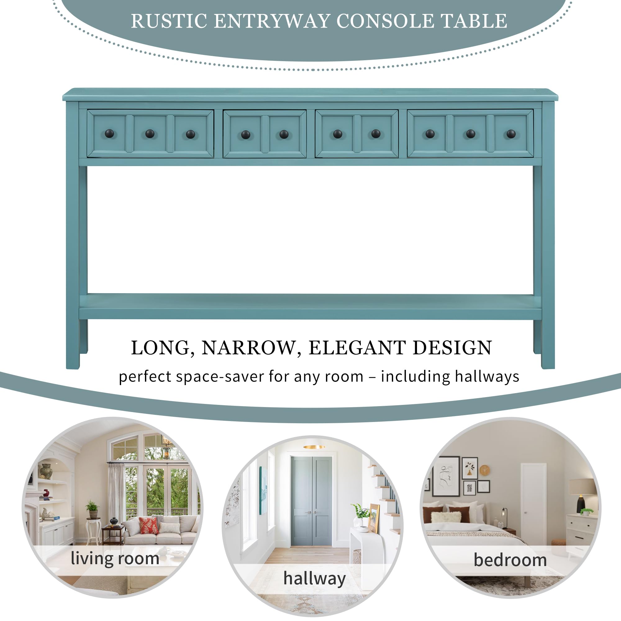 Merax Wood Farmhouse Entry Way Hallway Console Table with Drawers and Bottom Shelf Narrow Long Sidetable for Living Room Turquoise Green
