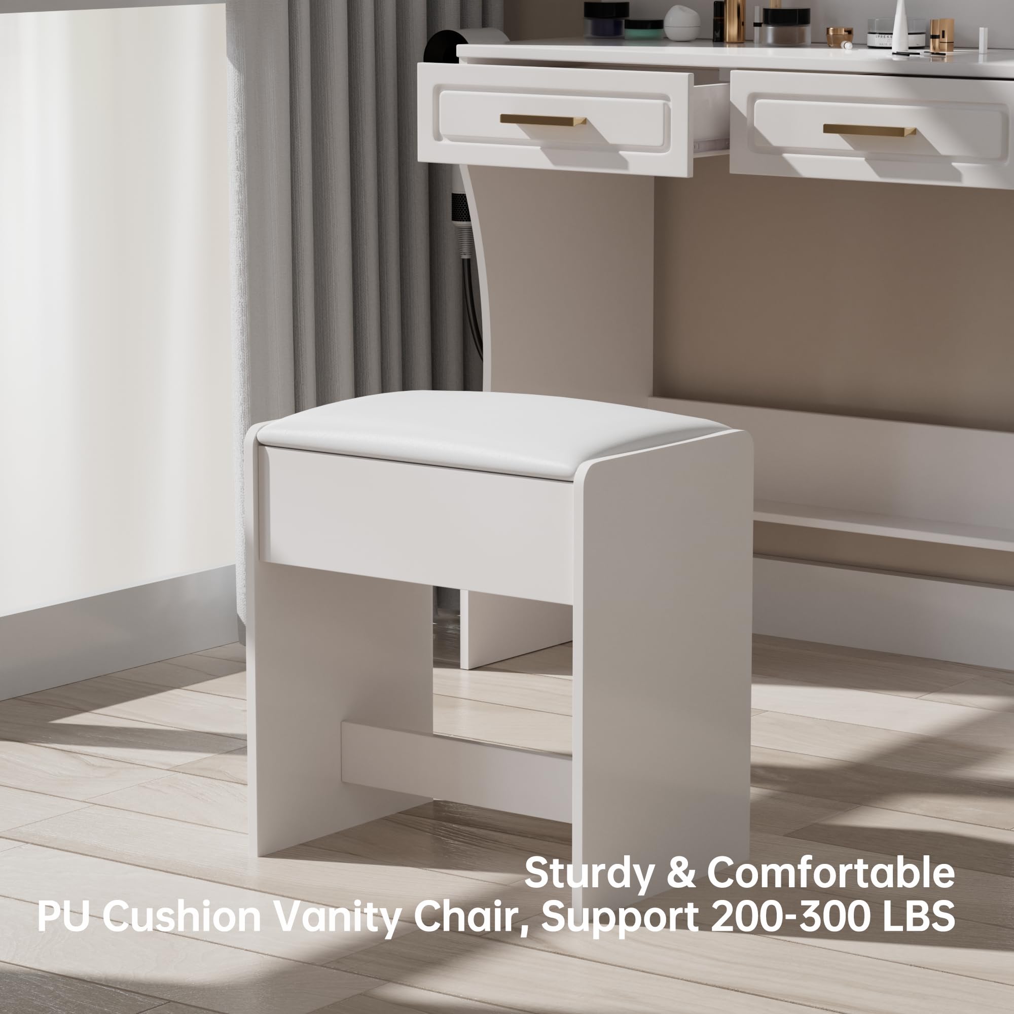 homesflex HMVD01-TES Modern White Makeup Vanity Desk with Adjustable Lights, Mirror, and Storage - Complete Vanity Set with Drawers, Shelves, and Stool