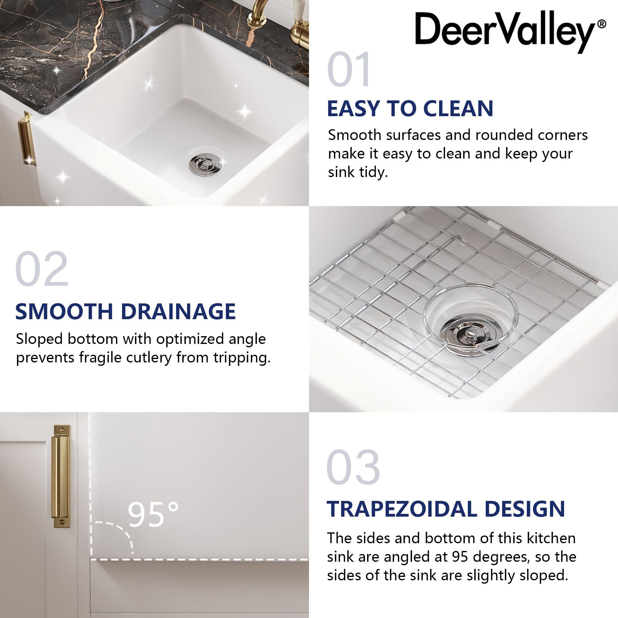 DeerValley Double Bowl White Kichen Sink 33 inch, Ceramic Apron Front Farmhouse Sink, Deep Drop-in Fireclay Undermount Large Sinks with Grid & Strainer