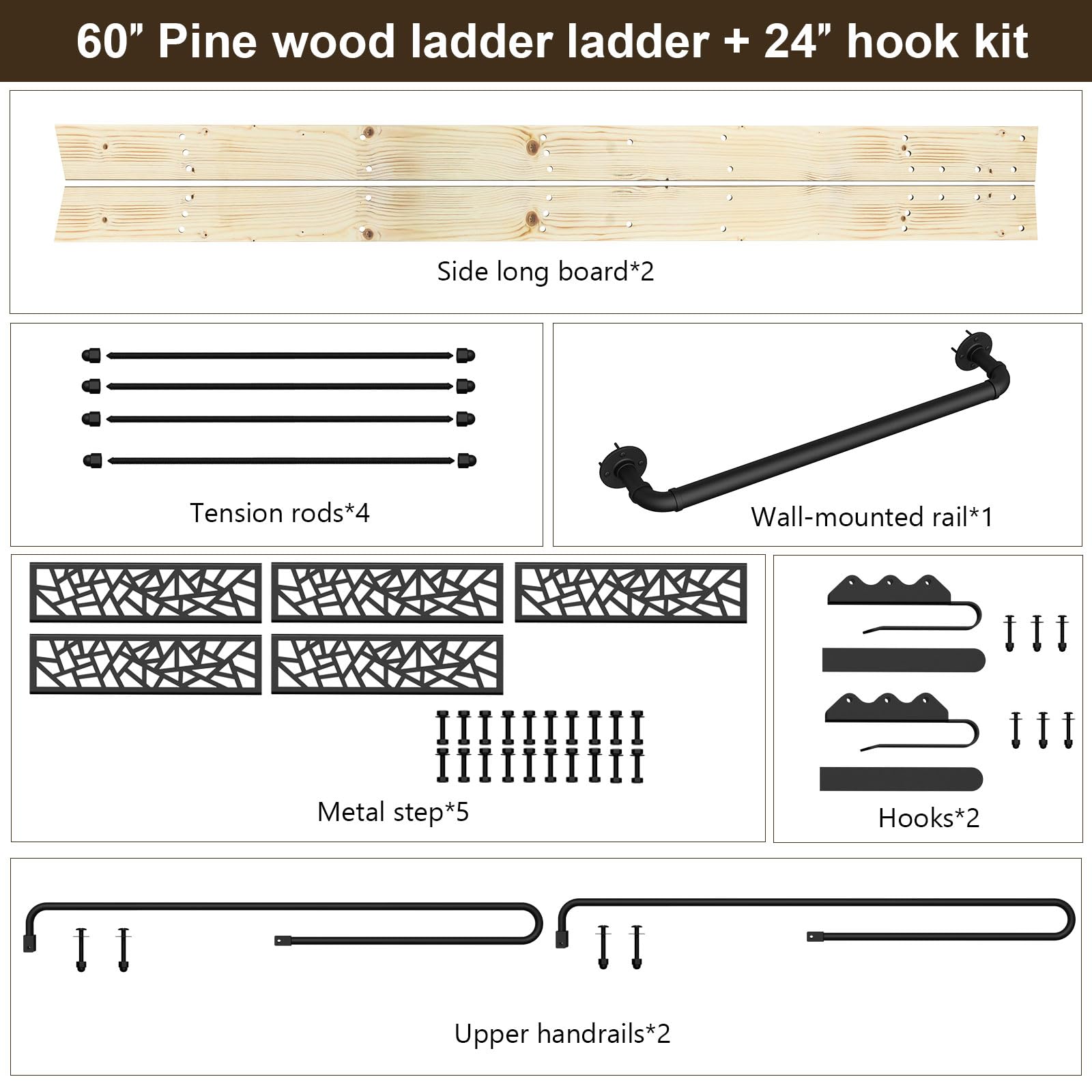 LKCBITION 60inch Knotty Pine Wood Library Ladder with Black Metal Step and Handle, Includes 24inch Rustic Black Wall Mount Pipe Railing with Hooks(Suitable Installation Height 58-3/4")