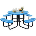 Sunnibety 8-Person Picnic Tables for Outdoors, Industrial 46" Expanded Metal Round Picnic Table with 4 Benches & Umbrella Hole, Outside Table and Bench Set for Park, Garden, Backyard, Patio, Blue