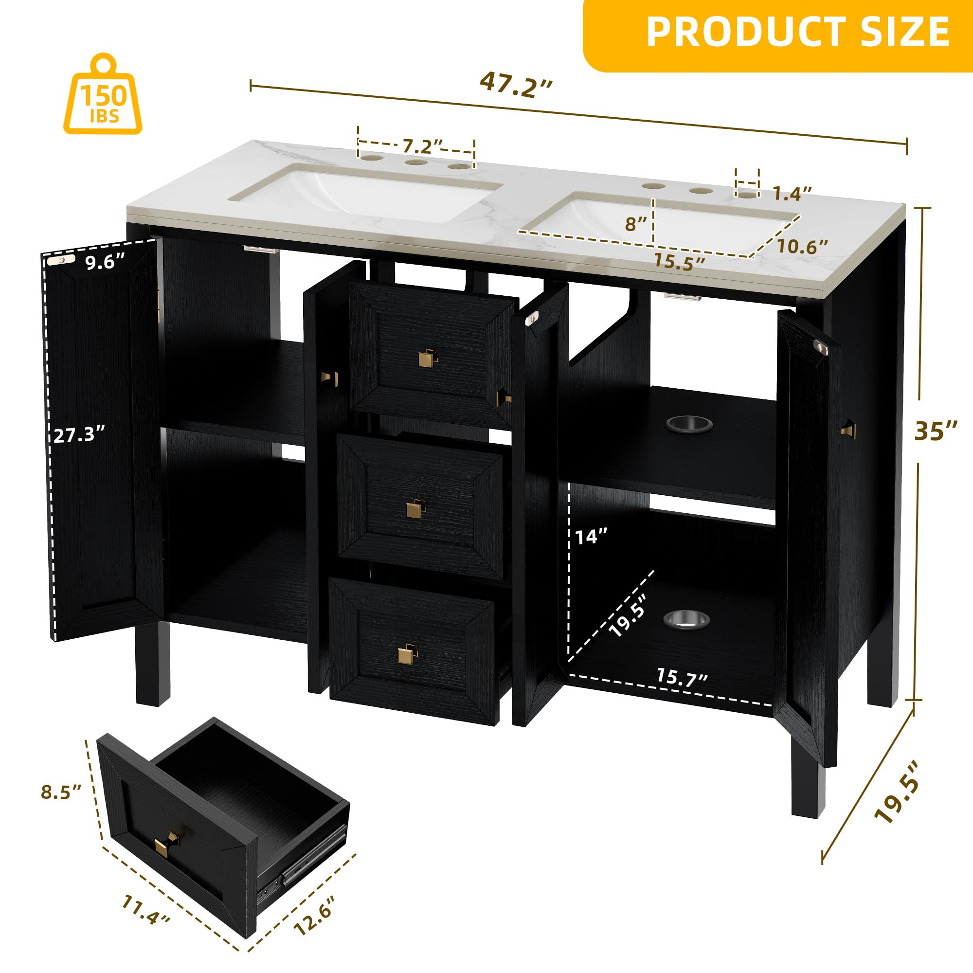 DWVO 47 Inch Bathroom Vanity with Double Sink, Retro Bathroom Storage Cabinet with Sintered Stone Countertop, Six Holes, 4 Doors & 3 Drawers