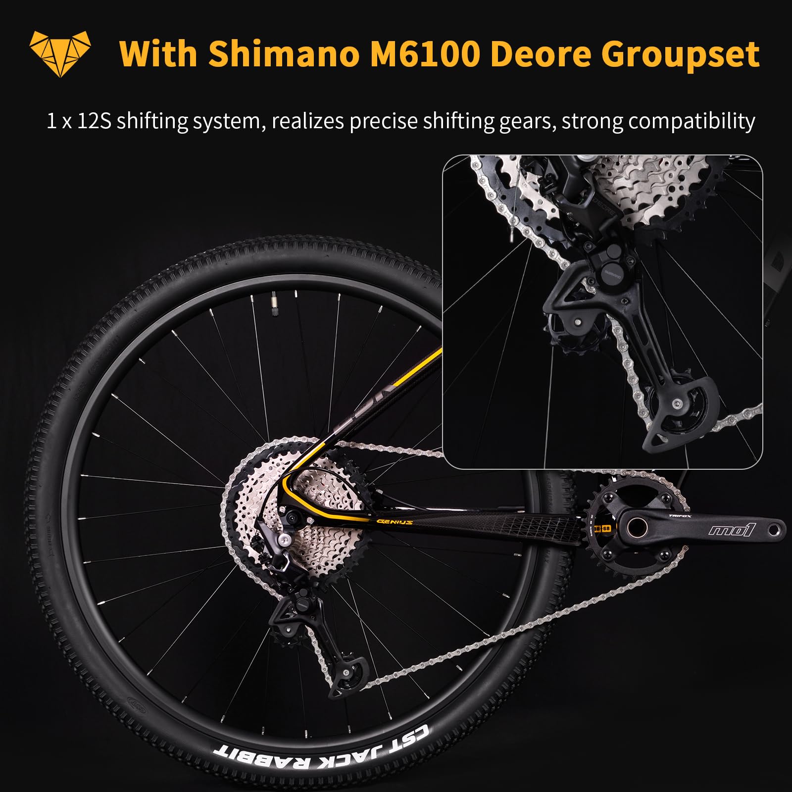 TRIFOX Carbon Fiber Mountain Bike with Shimano M6100 Deore Groupset 12-Speed,Carbon Fiber Frame,Hydraulic Fork 130mm Travel,29er Mountain Bike for Adult 17/19 inch (Obsidian Yellow, 29er * 19 inch)