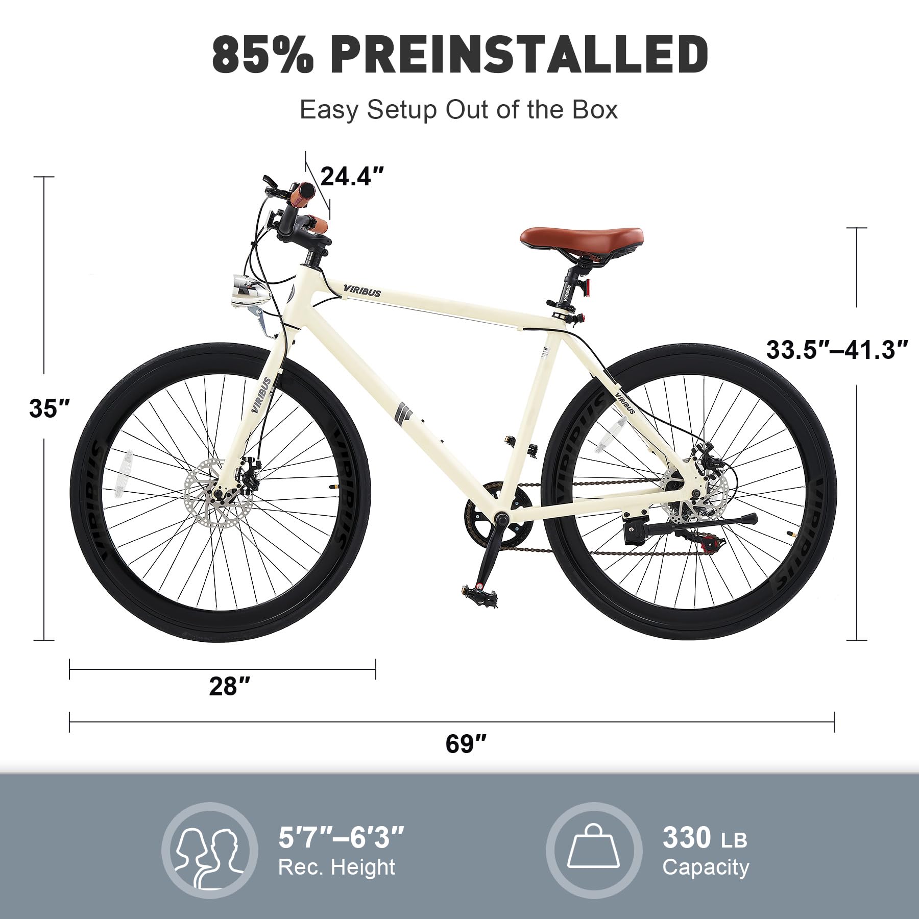 VIRIBUS Hybrid Bikes, 28 inch Mens Bike with Lightweight Aluminum Frame & Disc Brakes, 700C Bikes for Tall Men, 7 Speed Vintage Retro Hybrid Bicycles for City Commuters, Mens Road Bike Cream