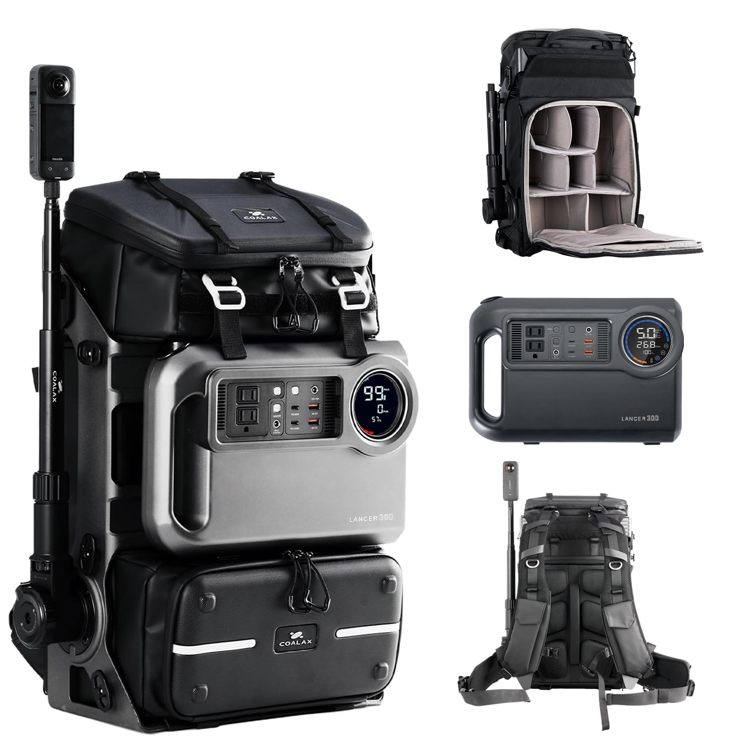 COALAX Lancer300 Pro Camera Backpack with 300W Power Station, Modular Creator Backpack with Magic Arm for Hands-Free POV Filming, Exoskeleton Camera Bag for Photography & Outdoor Production (Black)