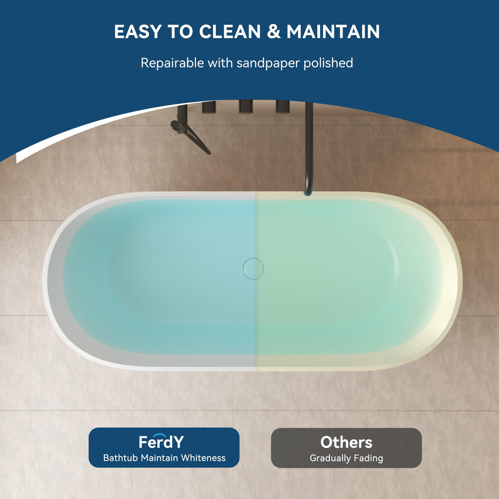 FerdY Fiji 69" Stone Resin Freestanding Bathtub, Classic Oval Shape Soaking Bathtub, Solid Surface Soaking Tub, cUPC Certified, Integrated Slotted Overflow and Matte White Pop-up Drain