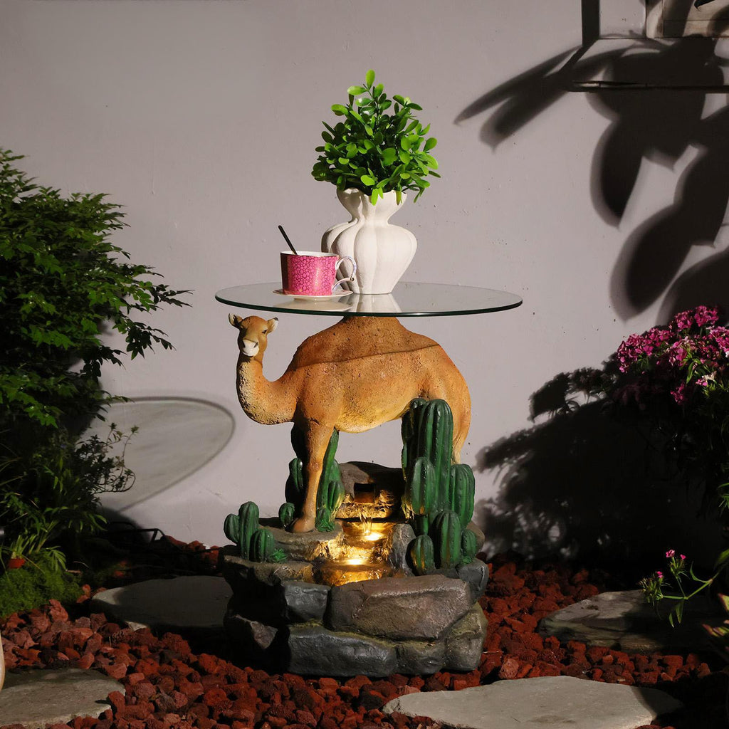 Camel & Cacti 4-Tier Waterfall Outdoor Indoor Side Table 22.8" H Glass Top Fountain with LED Lights Resin Desert Decor End Table for Garden Patio Living Room Balcony