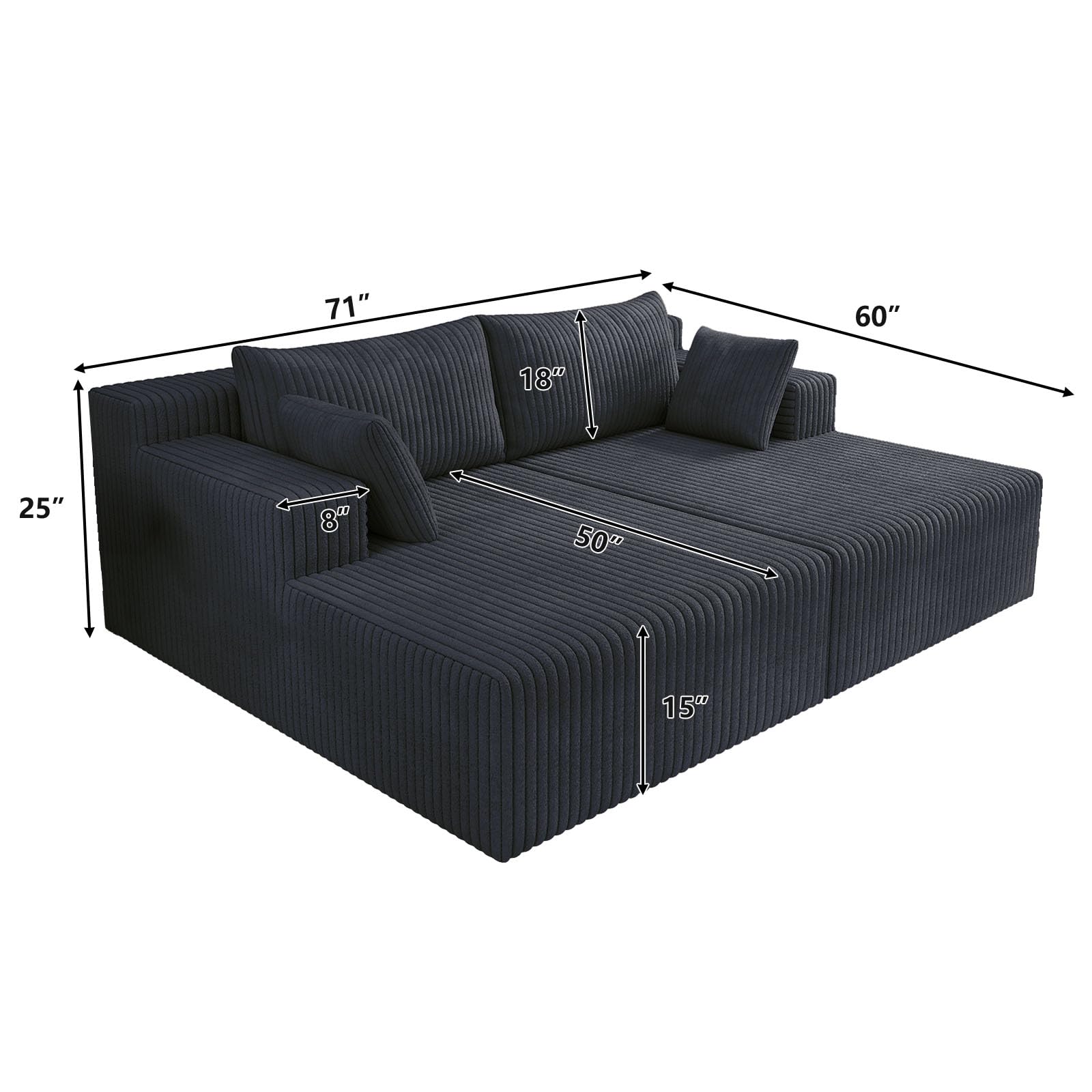 KEIKI 71" L Oversized Double Lounge Chaise Indoor, Corduroy Deep Seat Sectional Modular Couch Sleeper Loveseat Chair, Boneless Upholstered Reading Lazy Cloud Plush Sofa Bed for Living Room, Bedroom