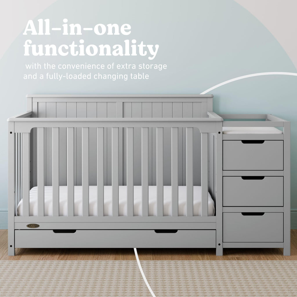Graco Hadley 5-in-1 Convertible Crib & Changer – GREENGUARD Gold Certified, Fits Standard Crib Mattress, Converts to Toddler Bed and Full Bed, 4 Adjustable Mattress Heights (Pebble Gray)