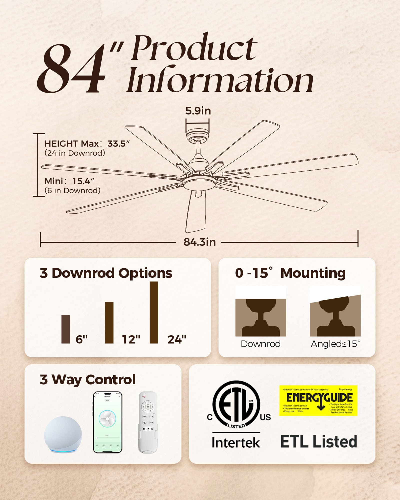 ECOiTEL 84 Inch Smart Ceiling Fan with Alexa APP,Large Black Ceiling Fan with Light,6 Speed,3CCT,Dual Finish 7 Blades,Quiet DC Motor Outdoor Fan for Patio,Big Living Room
