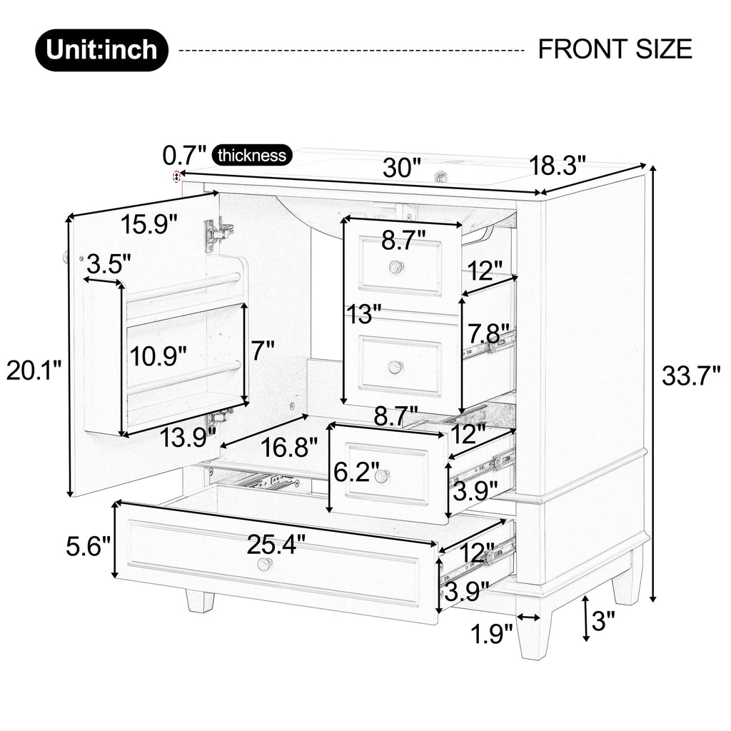 30" Bathroom Vanities with Ceramic Sink, Storage Cabinet with 3 Drawers and Door Shelf, Soft-Closing Door, Solid Wood Legs, White