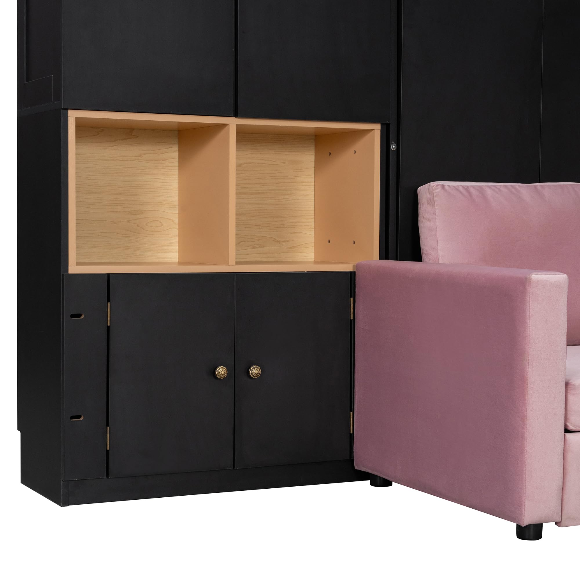 DNYN Queen Size Murphy Bed with Large Sofa and Storage Shelves for Bedroom/Guest/Study Room, Space-Saving Wooden Foldable Wall Bed Frame with Dual LED and Cabinets, No Box Spring Needed
