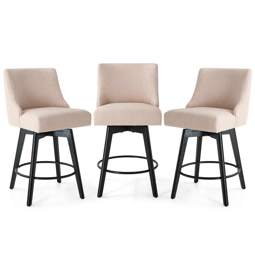 Vipbear Counter Height Bar Stools Set of 3, 26" H Swivel Bar Stools with Backs, Linen Fabric Upholstered Bar Chairs with Solid Wood Legs for Kitchen Island, Dining Room, Home Bar, Beige