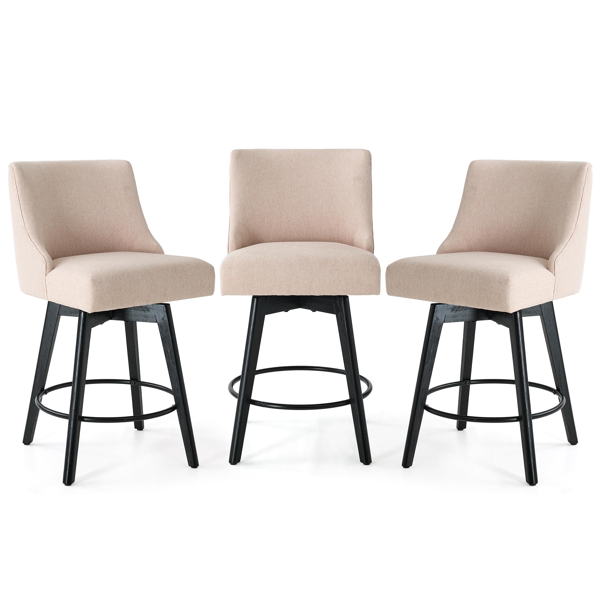 Vipbear Counter Height Bar Stools Set of 3, 26" H Swivel Bar Stools with Backs, Linen Fabric Upholstered Bar Chairs with Solid Wood Legs for Kitchen Island, Dining Room, Home Bar, Beige