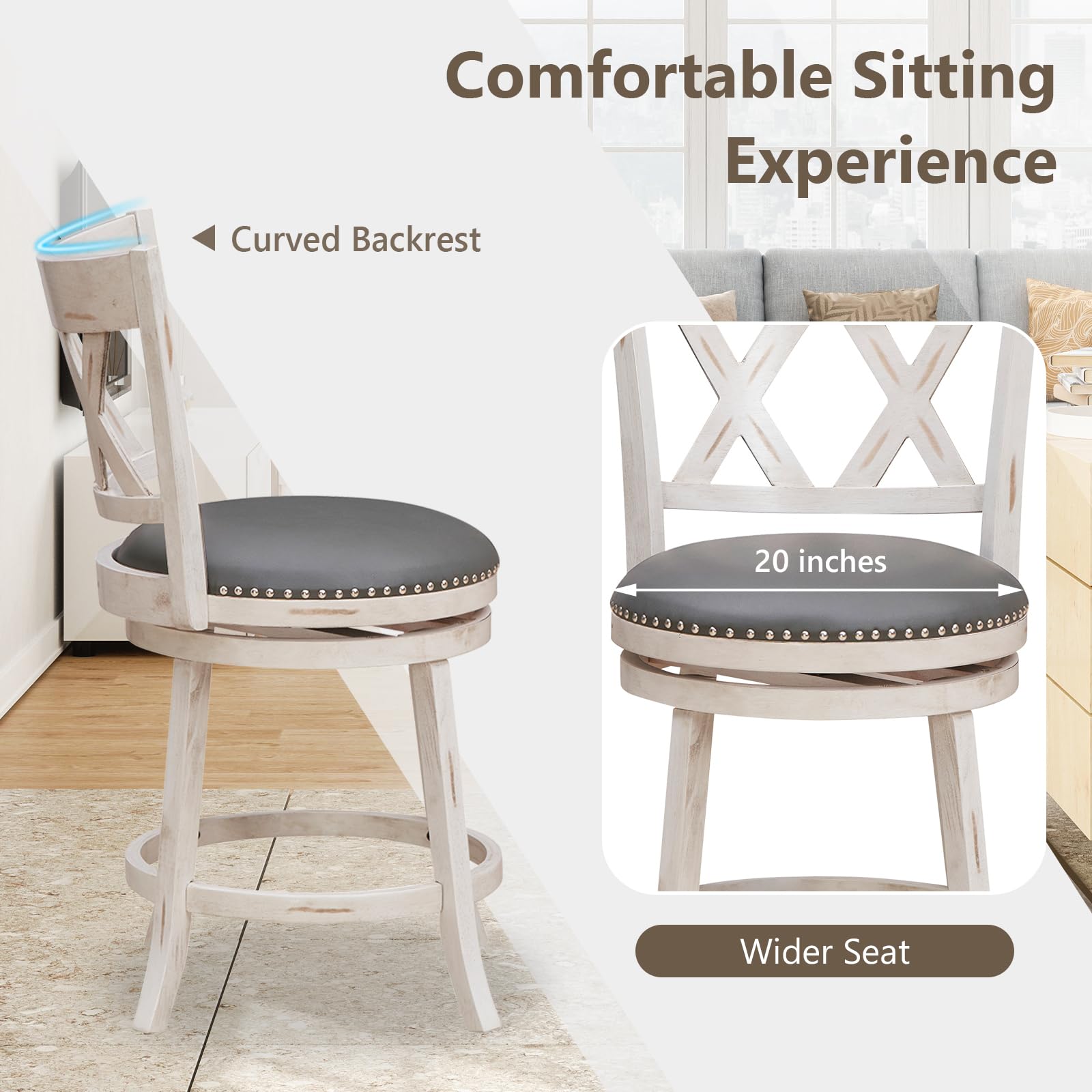 COSTWAY Bar Stool Set of 4 for Kitchen Island, 25.5” Swivel Armless Counter Height Stools with 20'' Wider Padded Seat, Ergonomic Curved Backrest, Rubber Wood Frame (4, Antique White + Gray)