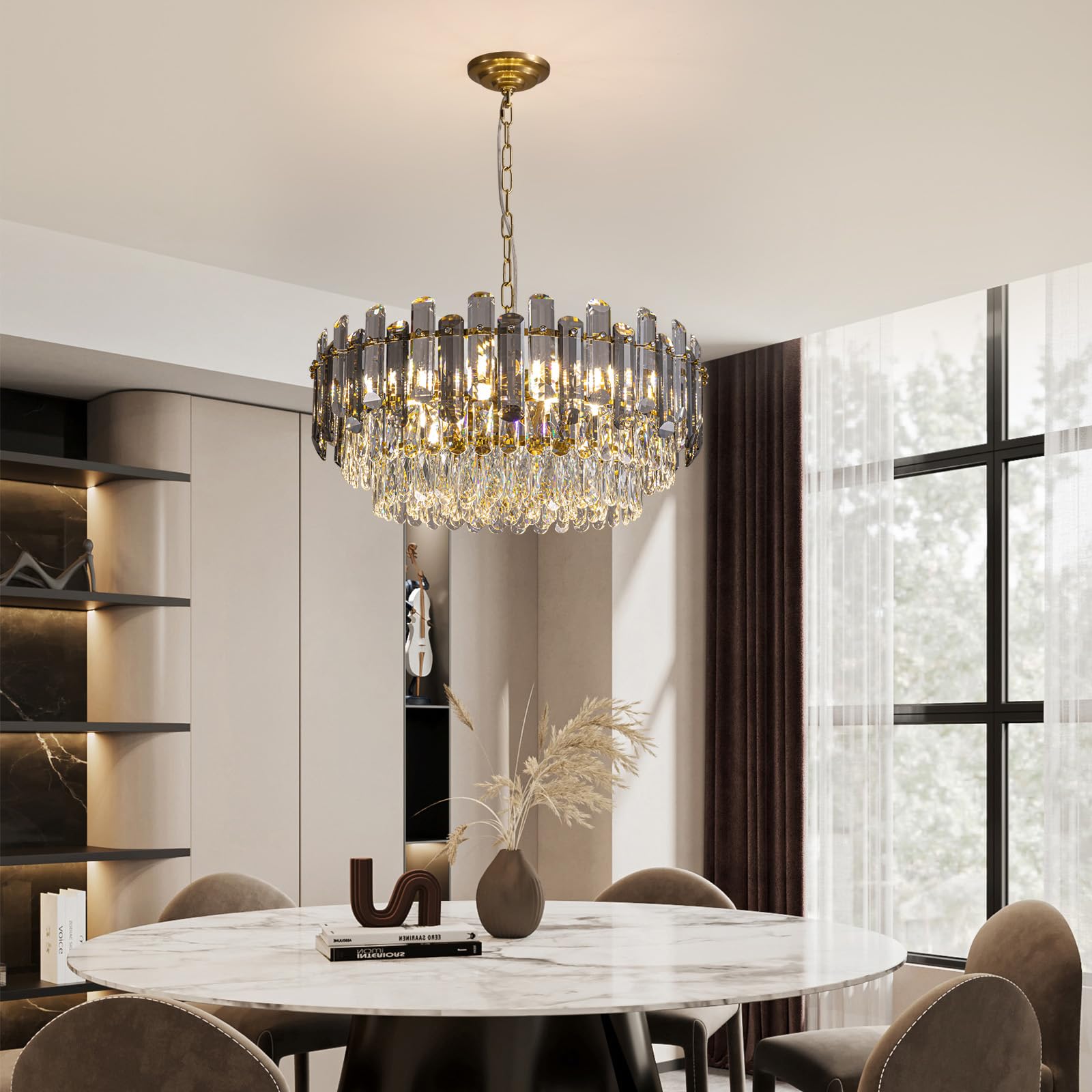 7PM Gold Crystal Chandeliers, 24-inch 4-Tier Modern Crystal Chandelier for Dining Room, Luxury Crystal Pendant Light Ceiling Light Fixture for Living Room Kitchen Island Bedroom Entryway, Brass Finish