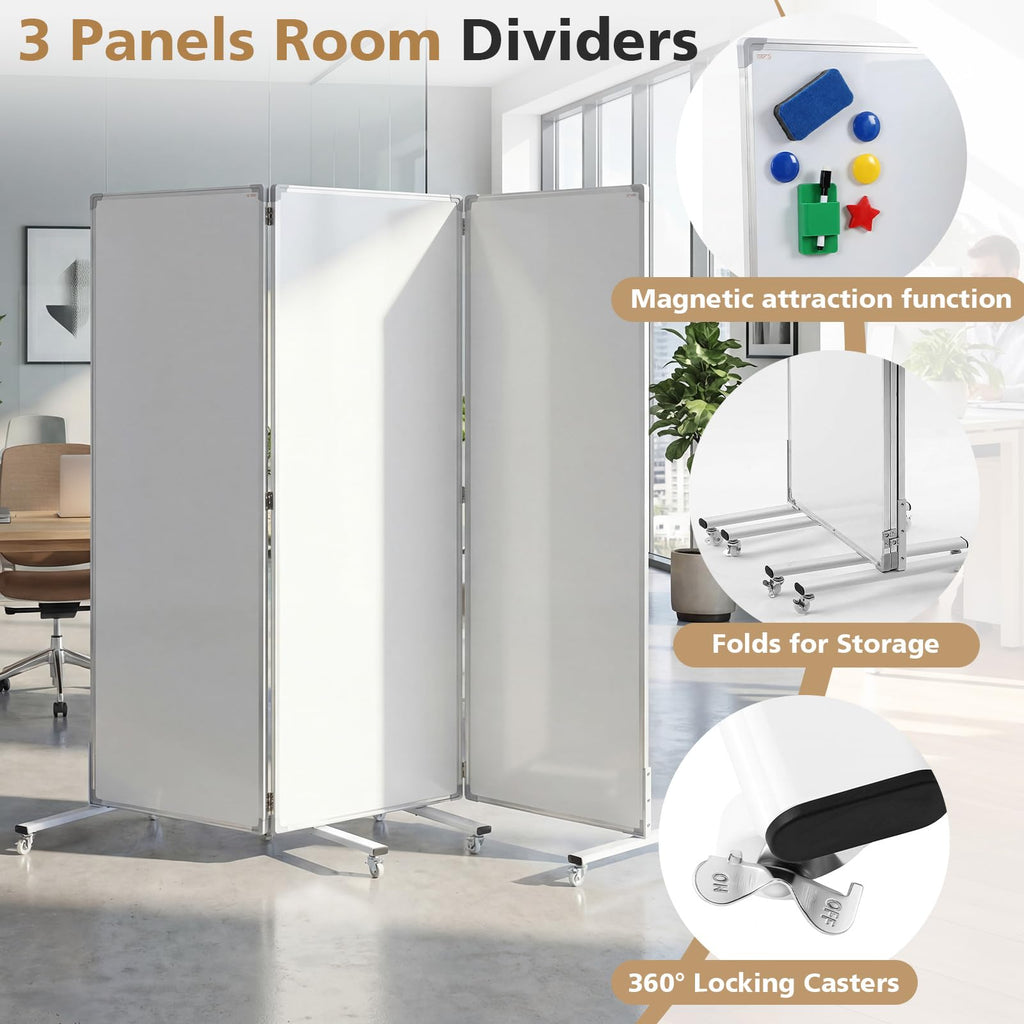 AmazingSpark 3-Section Mobile Magnetic Whiteboard Room Dividers Portable Dry Erase Board Partition with Stand and Wheels for Classrooms Offices, 72 H x 24 W