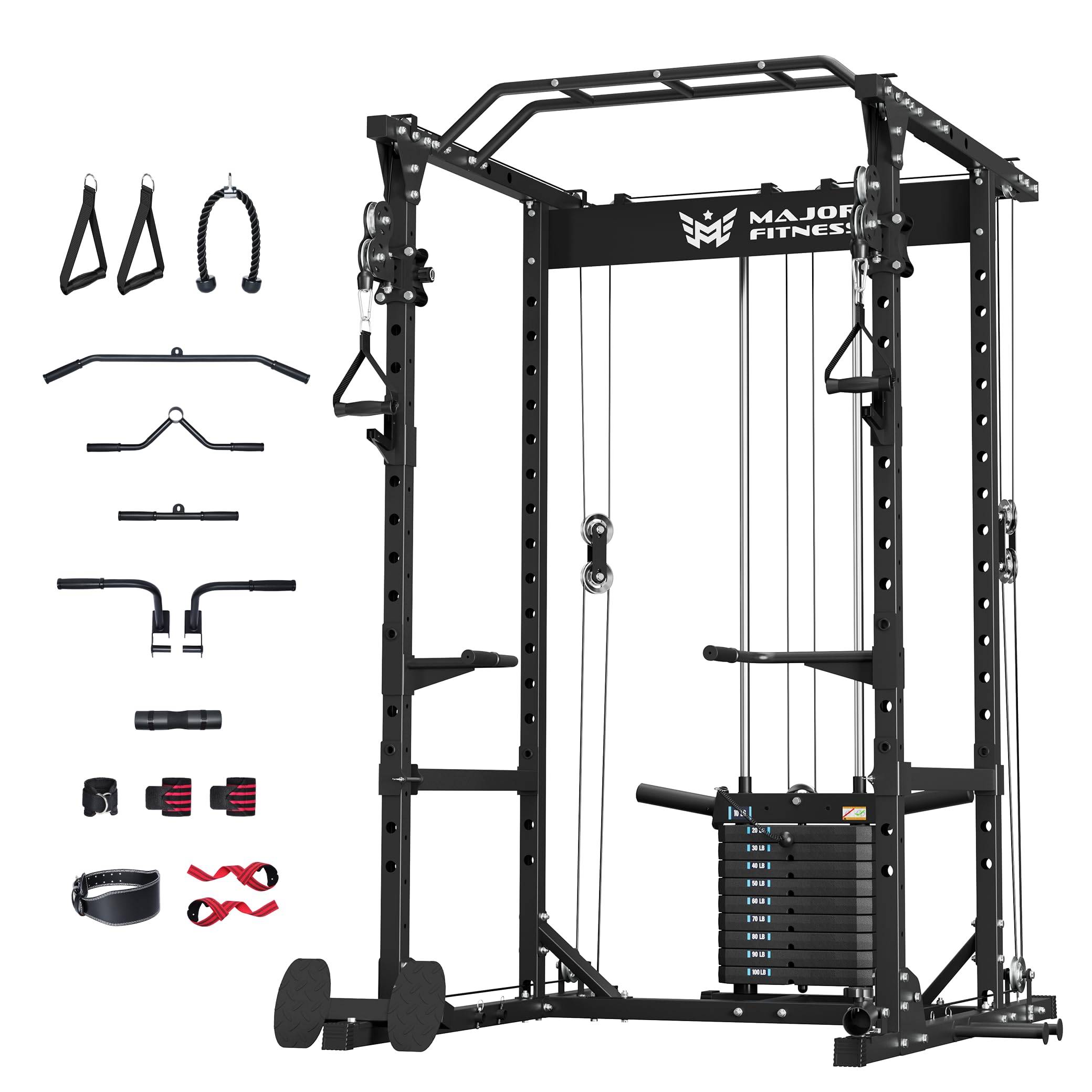 MAJOR FITNESS Power Cage Drone1 Premium- Multi-Function Power Rack for Home Gym, Squat Rack with Pull-up Bar, Cable Crossover System, J-Hooks, for Strength Training, Heavy-Duty Steel Construction