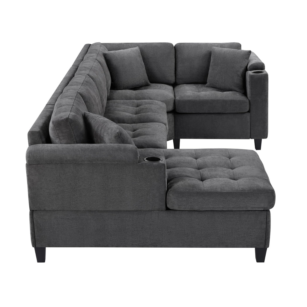 Merax 115.7" U-Shaped Chenille Sectional Sofa, 4 Seat Corner Couch Oversized with Built-in Cup Holders, 3 Pillows, Storage Space for Living Room, Grey