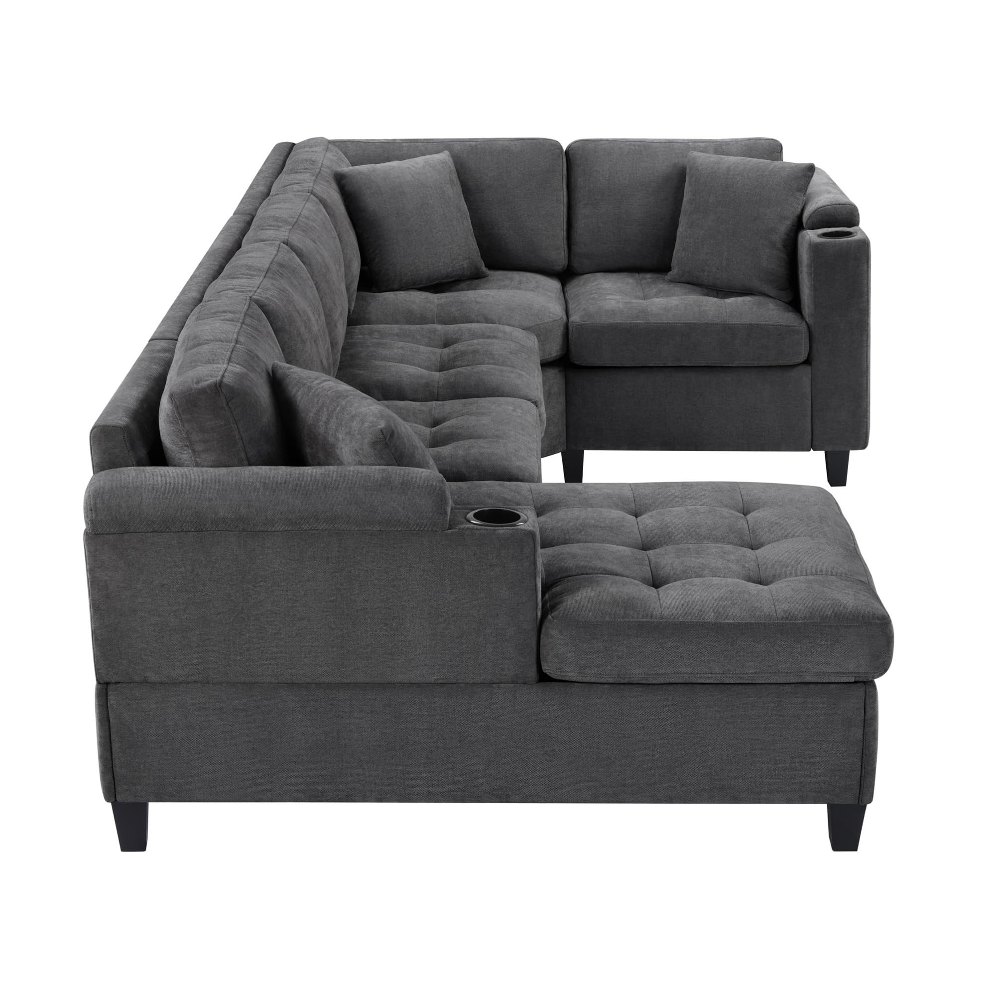 Merax 115.7" U-Shaped Chenille Sectional Sofa, 4 Seat Corner Couch Oversized with Built-in Cup Holders, 3 Pillows, Storage Space for Living Room, Grey