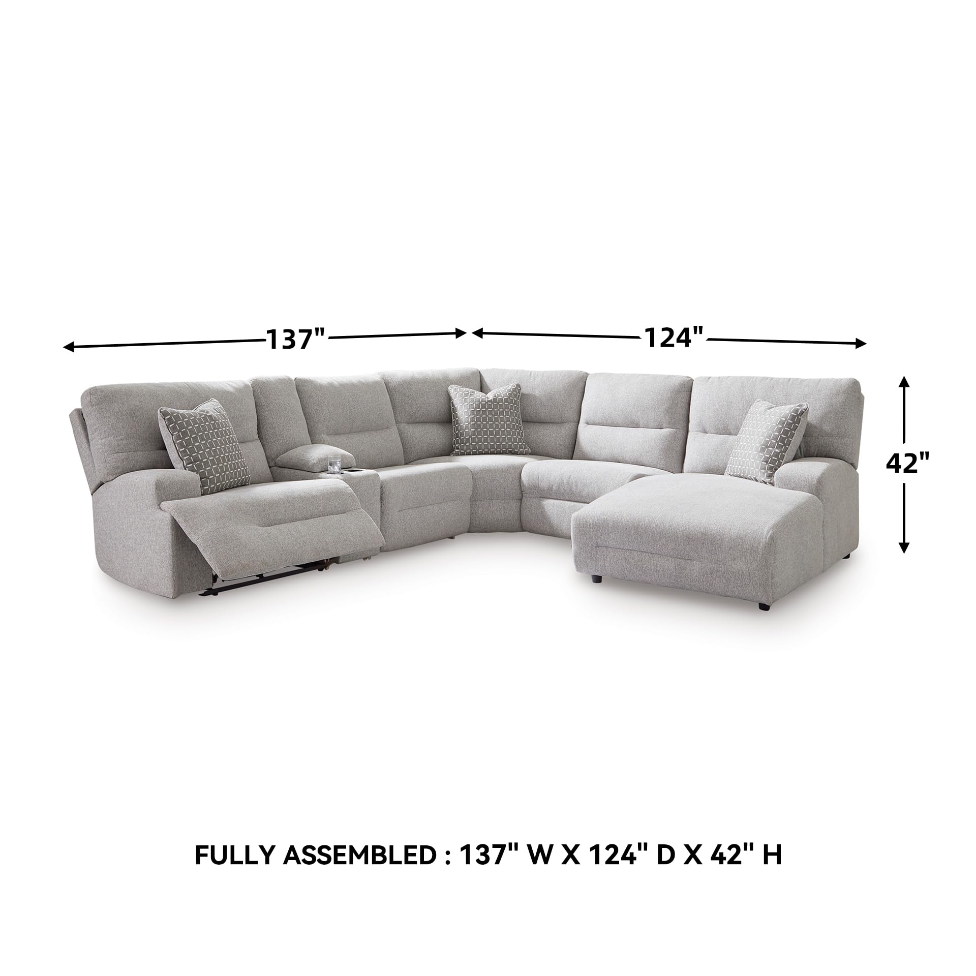 Signature Design by Ashley Acklen Place Modern U-Shaped Modular Stain-Resistant 6-Piece Power Reclining Sectional with Chaise, Adjustable Headrest, USB Charging Ports and Console, Light Gray