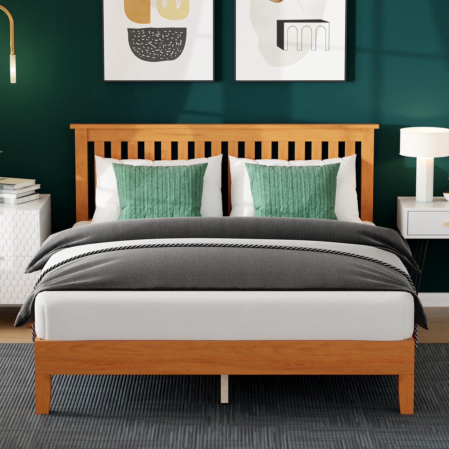 FDW Wood Platform Bed Frame Sturdy Solid Wood Foundation with Wooden Headboard/Wood Slats Support/No Box Spring Needed/Easy Assembly/Under Bed Storage (Queen)
