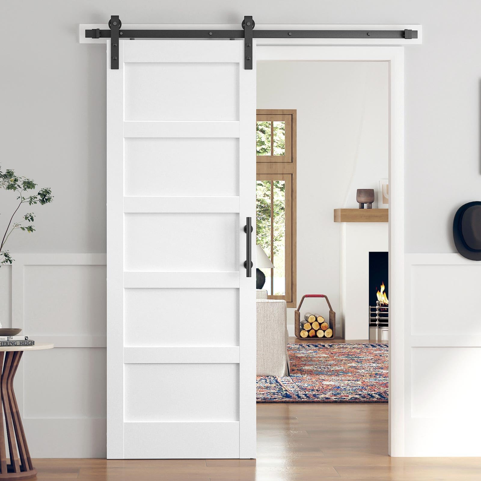 ROYMELO 32x80 Inch White Sliding Barn Door Slab with 5.5ft Hardware Kit Included, 5-Panel, MDF Wood Panel Covered with Water-Proof Scratch-Proof PVC Surface, Simple DIY Assembly
