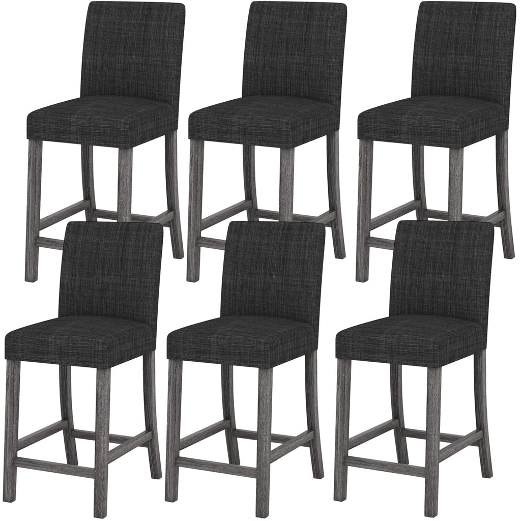 ERGOMASTER Counter Height Bar Stools Set of 6, 24.5'' Fabric Upholstered Barstools Mid Century Modern Island Bar Chairs with Back for Kitchen, Dining Room, Bar, Restaurant, Charcoal Grey