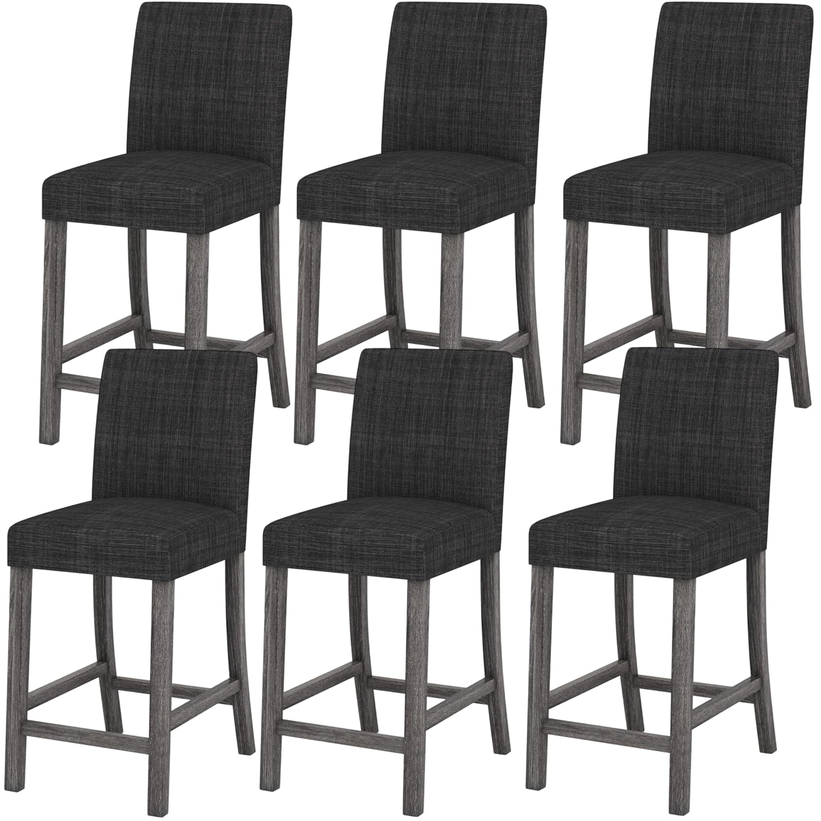 ERGOMASTER Counter Height Bar Stools Set of 6, 24.5'' Fabric Upholstered Barstools Mid Century Modern Island Bar Chairs with Back for Kitchen, Dining Room, Bar, Restaurant, Charcoal Grey