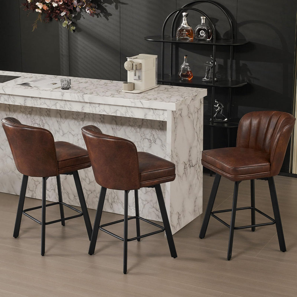 SAECKBERG Swivel Counter Height Bar Stools Set of 3, 26'' Modern Barstools with Backs and Metal Legs, Upholstered Bar Chairs, Faux Leather Brown Stools for Kitchen Island Chairs