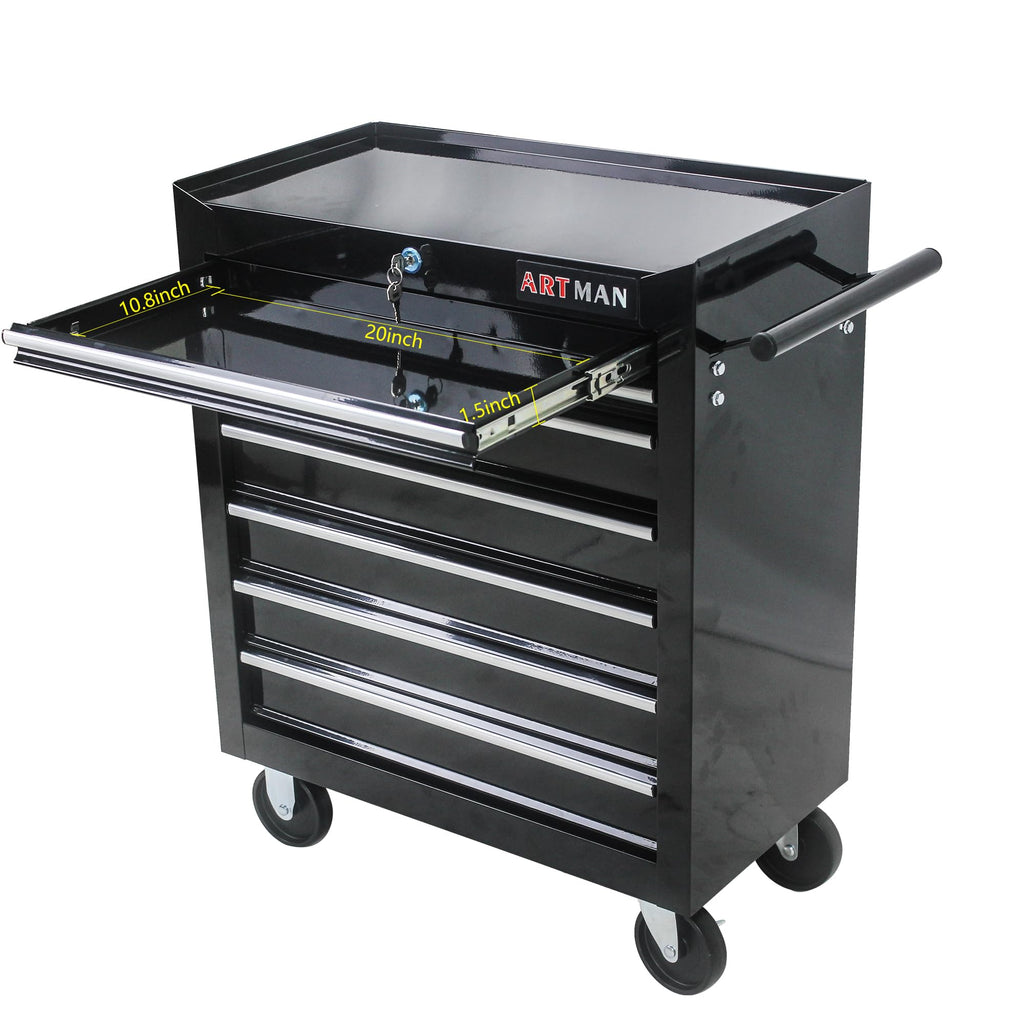 Aoile Tool Chest with 7-Drawer Tool Box Organizers and Storage,Rolling Multifunctional Tool Cart on Wheels,Tool Storage Organizer Cabinets with Key Locking for Garage, Warehouse, Repair Shop. (Black)