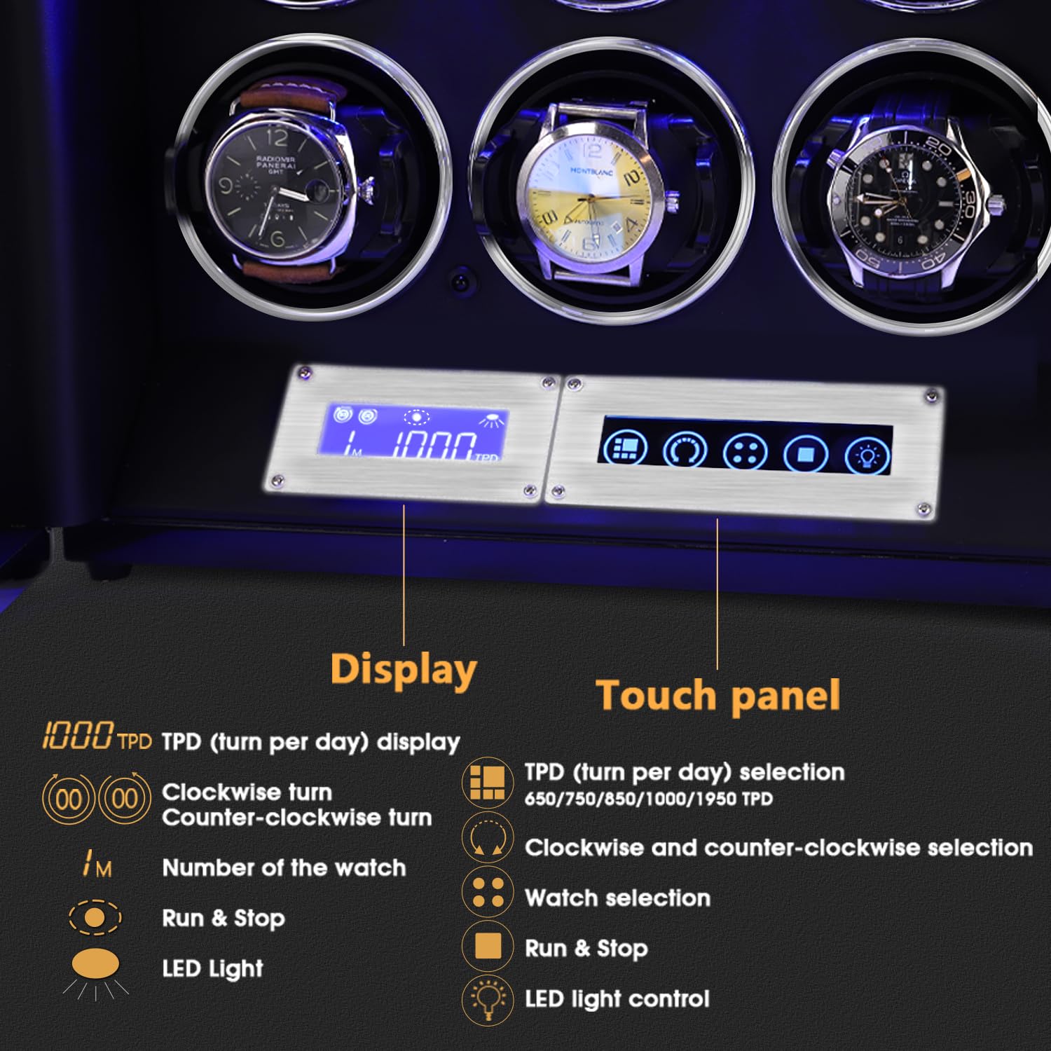 SNEOLTJN Watch Winder for 6 Slots Automatic Watches, Ultra-Quiet Japanese Motors, Built-in LED Illumination and LCD Touchscreen Control