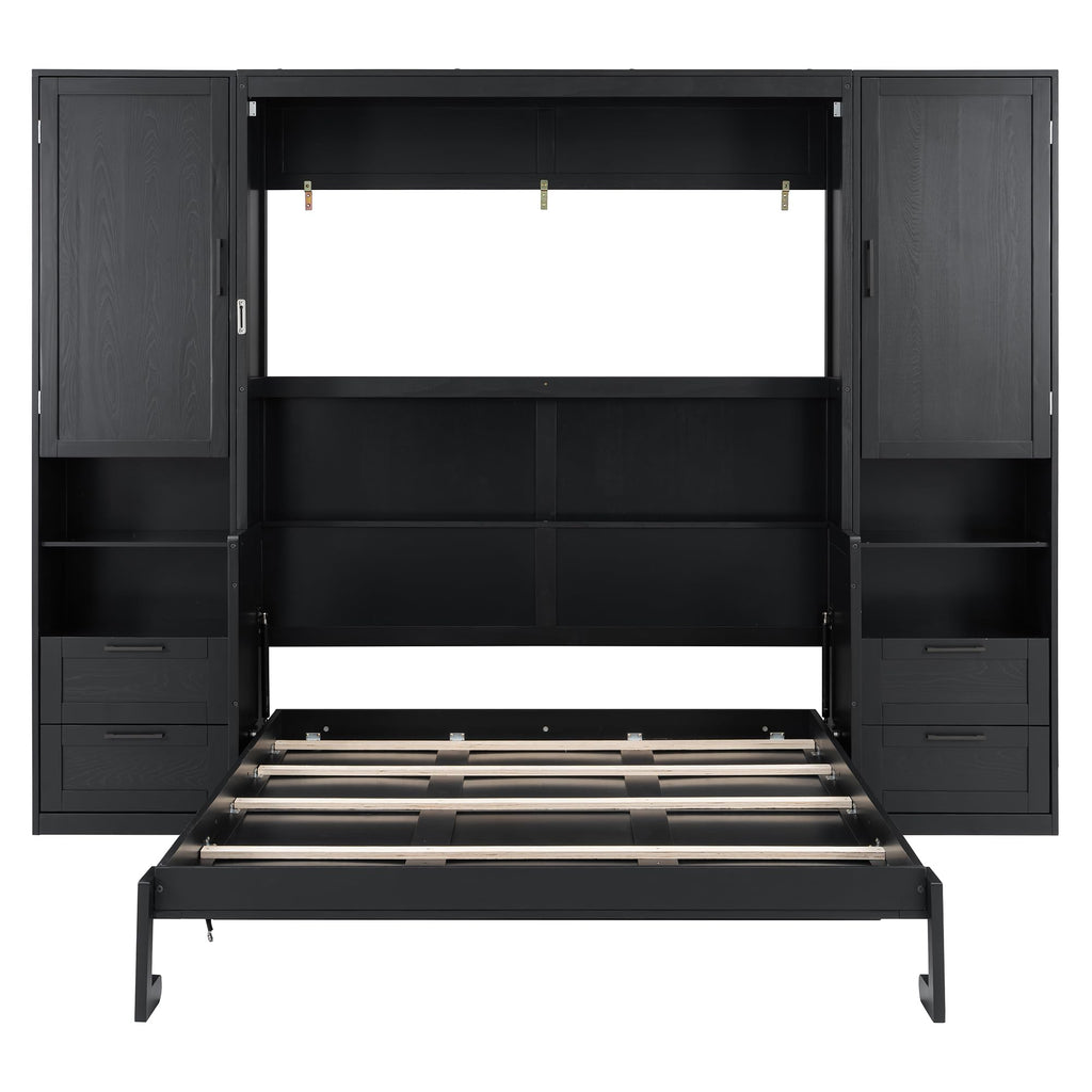 Merax Queen Size Murphy Bed with Desk, Multifunctional Foldable Wall Bed with Closet, Drawers and Shelves, Space-Saving Wood Bed Frame for Small Space Studio Study Office Guest Room, Black(Oak Veneer)