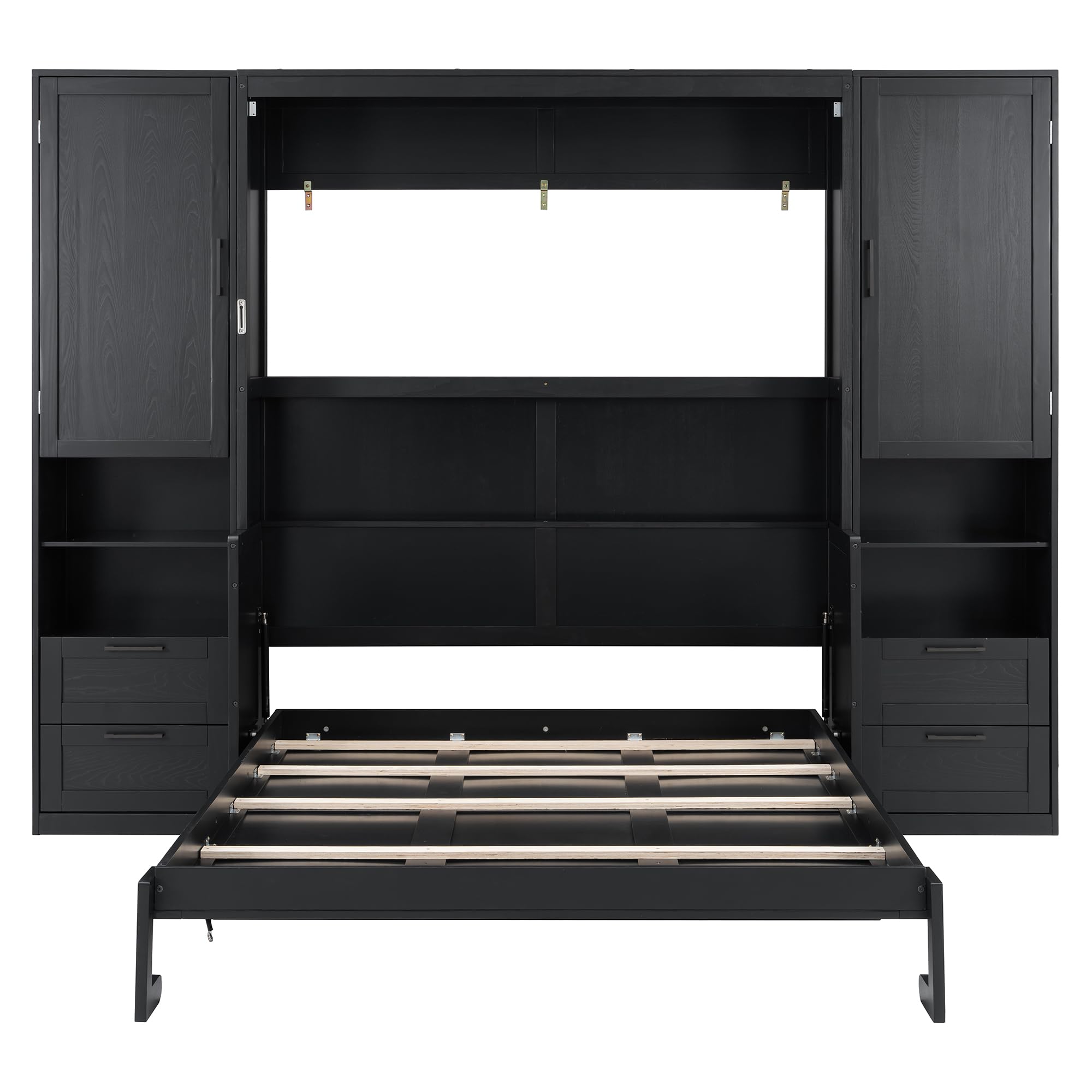 Merax Queen Size Murphy Bed with Desk, Multifunctional Foldable Wall Bed with Closet, Drawers and Shelves, Space-Saving Wood Bed Frame for Small Space Studio Study Office Guest Room, Black(Oak Veneer)
