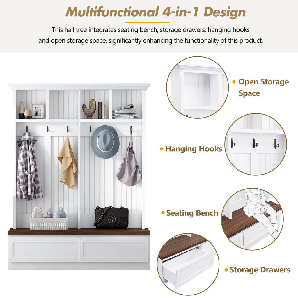 Merax Wood Hall Tree with 6 Hooks & Entryway Bench, Farmhouse Mudroom Versatile Coat Racks with 2 Large Drawers, Entrance Organizer for Hallway, White