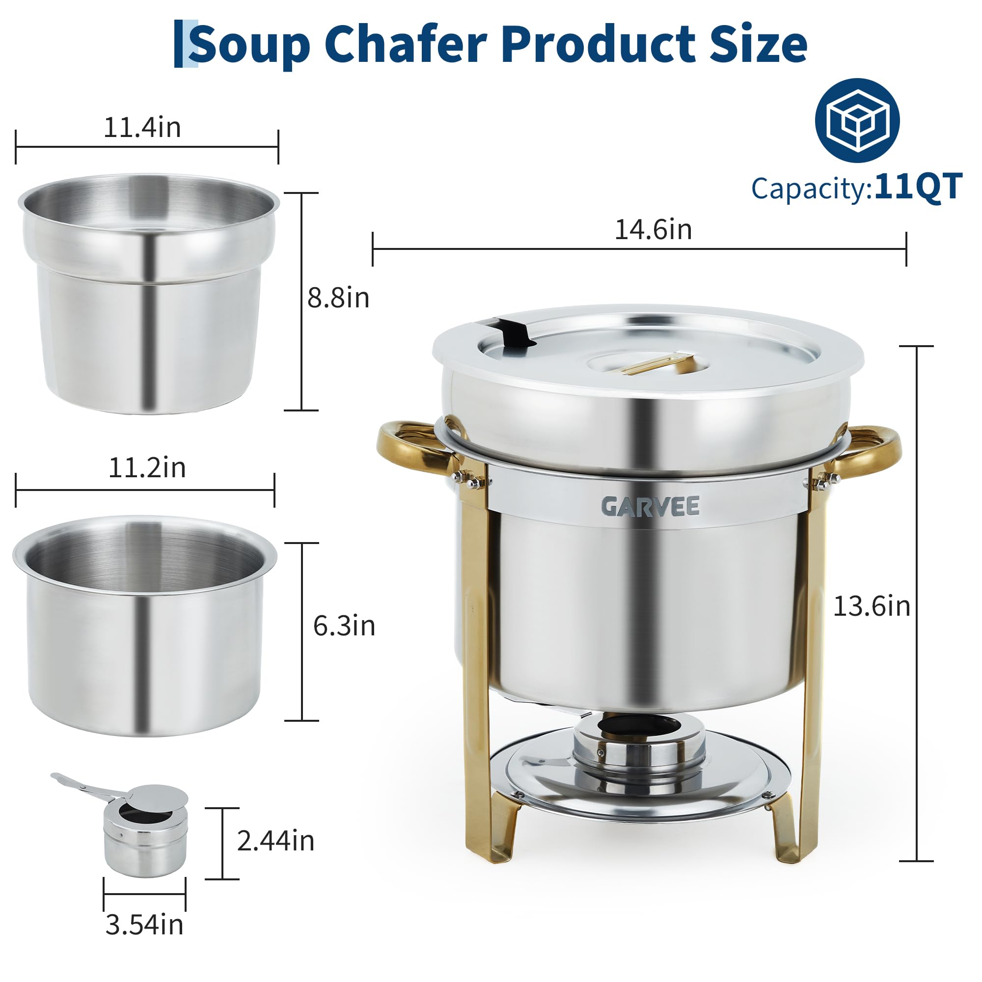 GarveeHome 11QT Round Soup Chafer Sets of 4, Commercial Soup Warmer with Pot, Notched Lids & Fuel Holders, Stainless Steel Food Warmer for Buffets Parties Wedding Banquets Catering, Gold