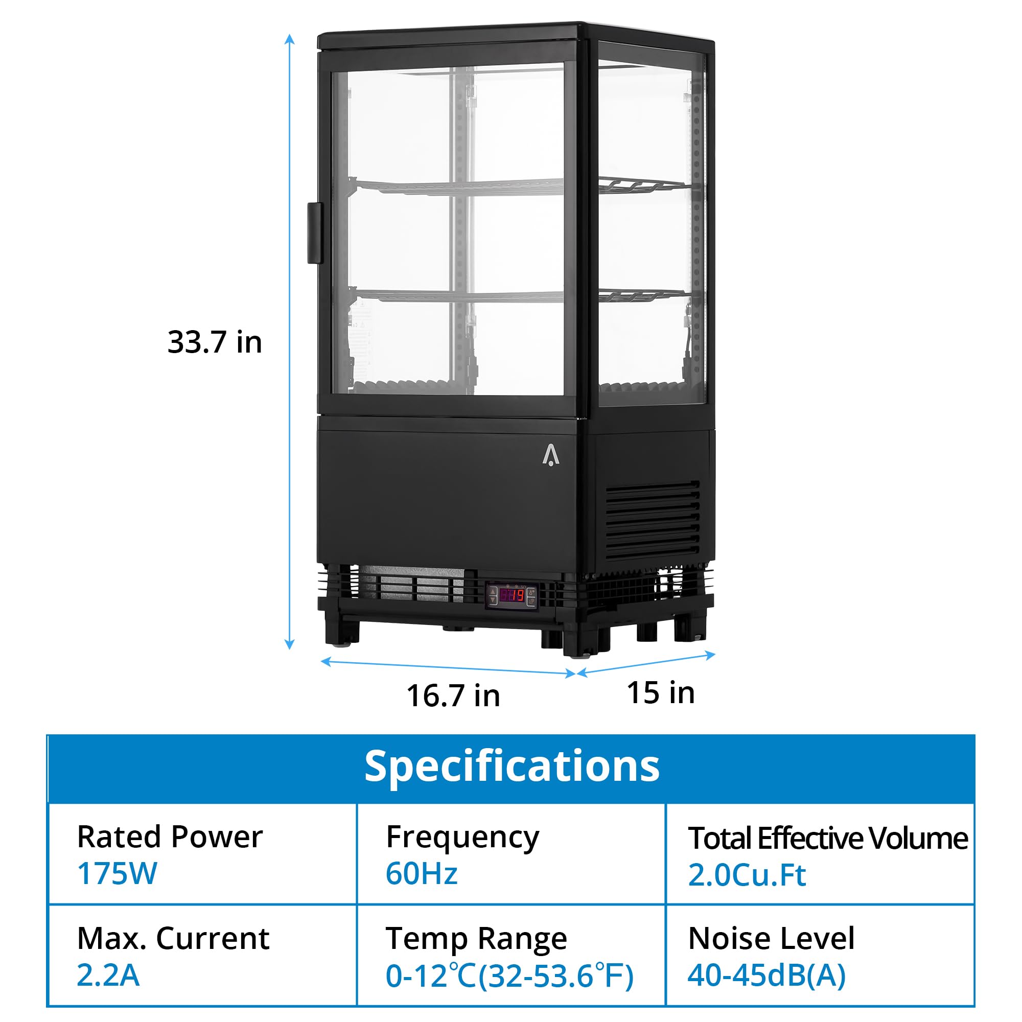 2.1 Cu.FT Refrigerator Display Case Commercial, Commercial Single-Door Display Fridge with Interior LED Lighting, Double-Layered Glass Commercial Countertop Bakery Display Refrigerator, Display Case