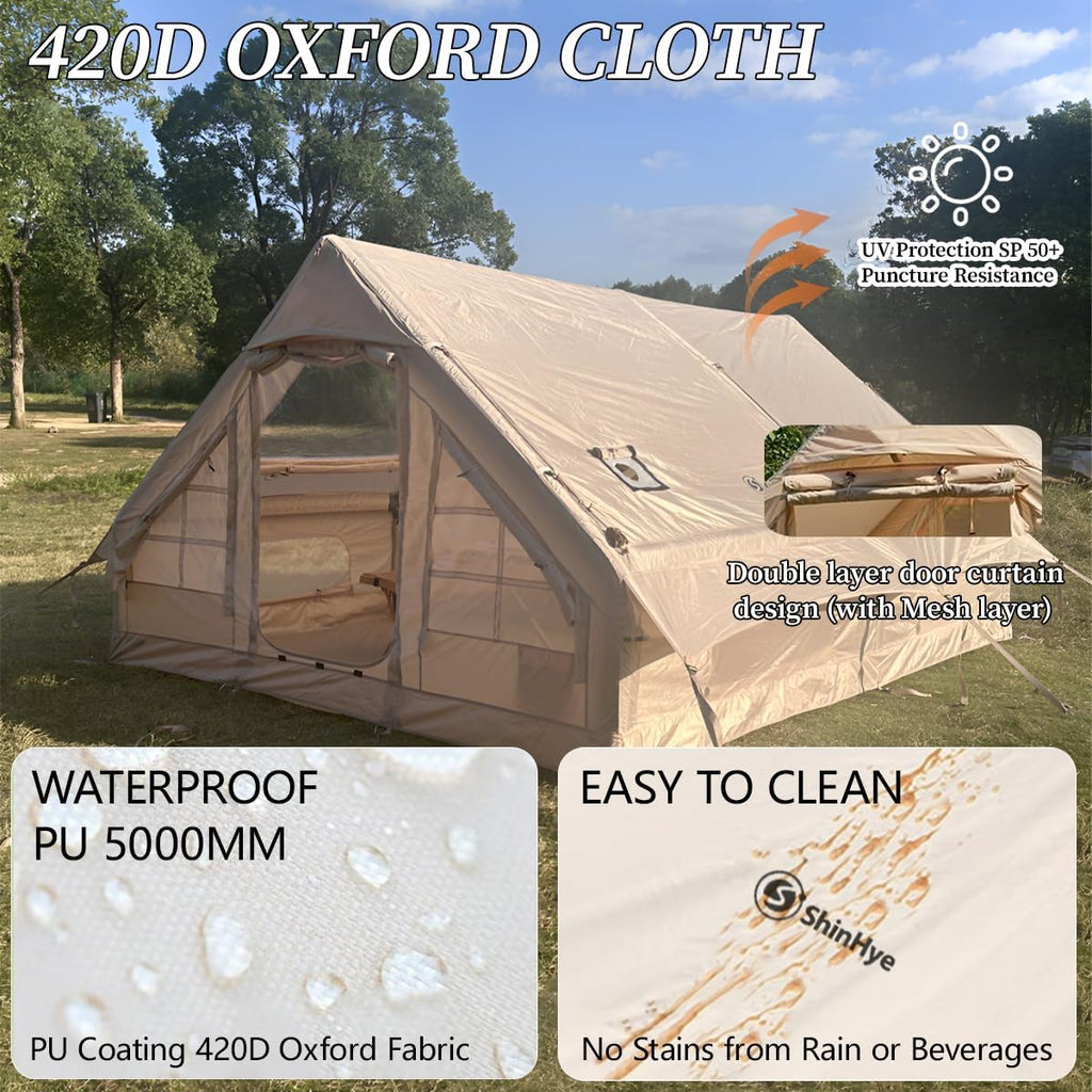 Inflatable Tent for Camping Large Blow Up Tent Glamping Tent 4-8 Person House, Easy Set up Waterproof Outdoor Oxford Tents, 4 Season Air Tents with Pump (130 sq ft Beige Air Tent)