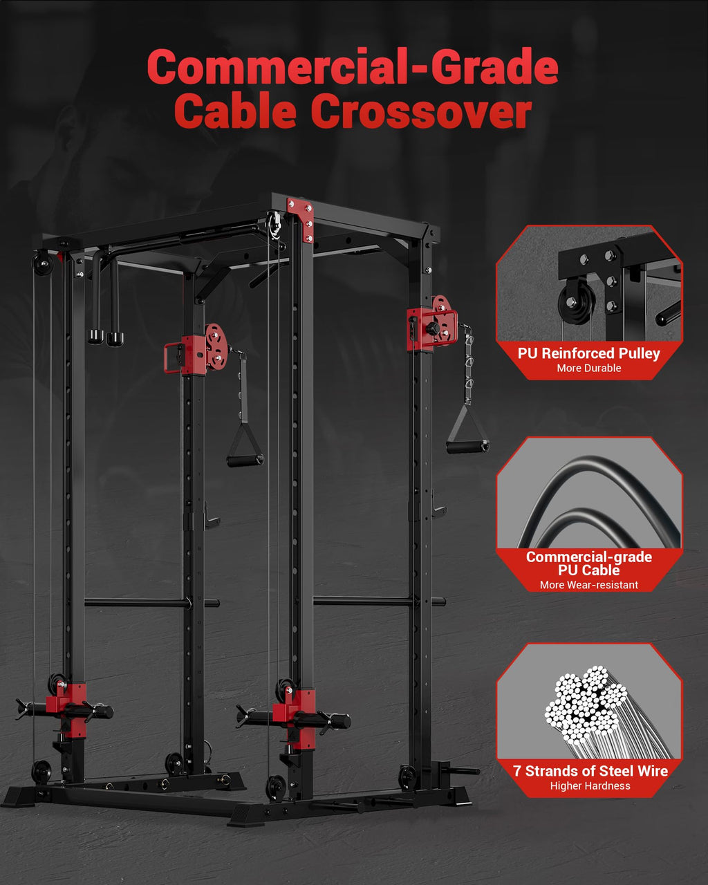 Garvee Power Cage, Multi-Functional Power Racks for Home Gym with Dual Pulley Systems, 1200 LBS Weight Capacity Fitness Squat Rack for Strength Workout with More Training Attachment, Red