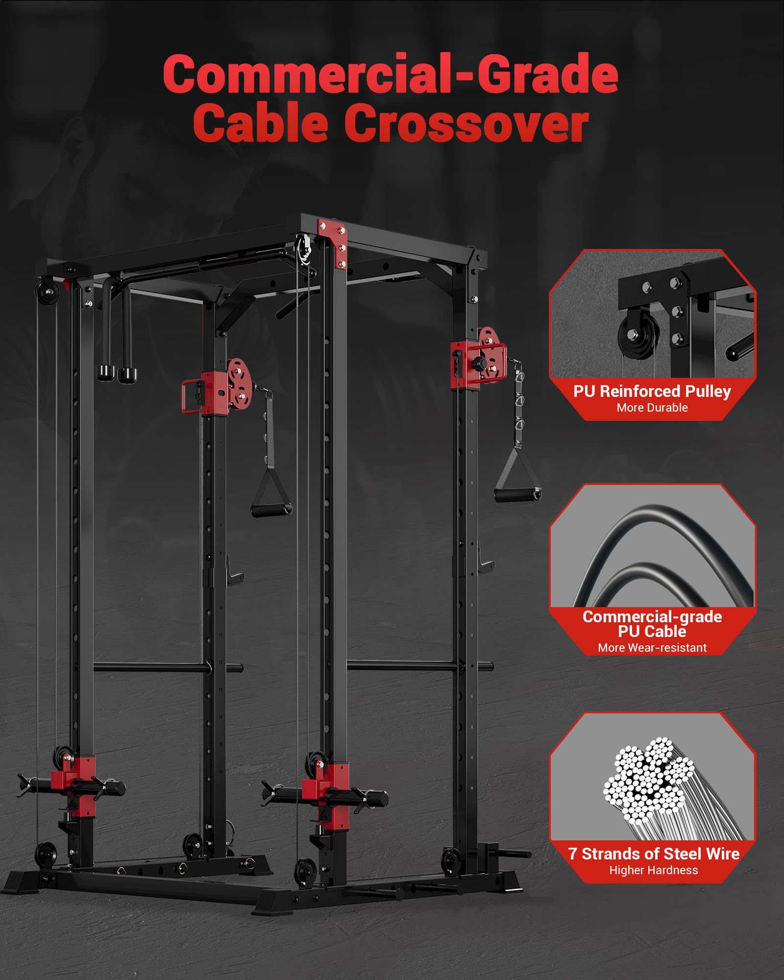 Garvee Power Cage, Multi-Functional Power Racks for Home Gym with Dual Pulley Systems, 1200 LBS Weight Capacity Fitness Squat Rack for Strength Workout with More Training Attachment, Red