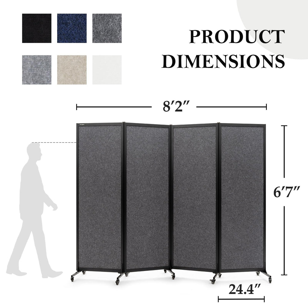 Upgrade Version Room Partition and Divider, Freestanding Rolling Dividers with Wheels,Office Privacy Screen Divider Wall,Classroom Felt Dividers,8'2"L* 6'7"H,4 Panel，Dark Grey