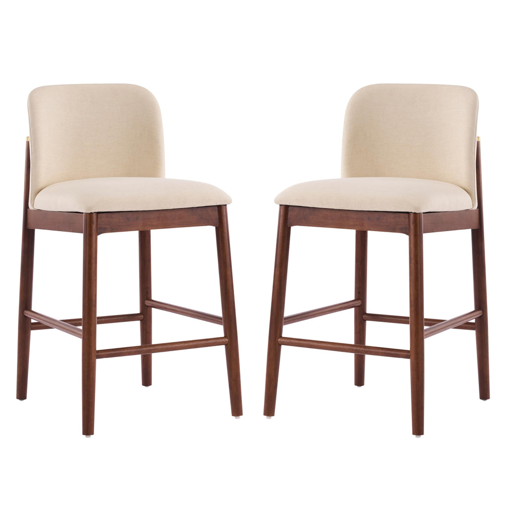 Christopher Knight Home Yumi Counter Height Bar Stools Set of 2, Fabric Upholstered Bar Stool for Kitchen Island, Armless Rubberwood Counter Stools with Solid Backrest + Footrest, Beige + Dark Walnut