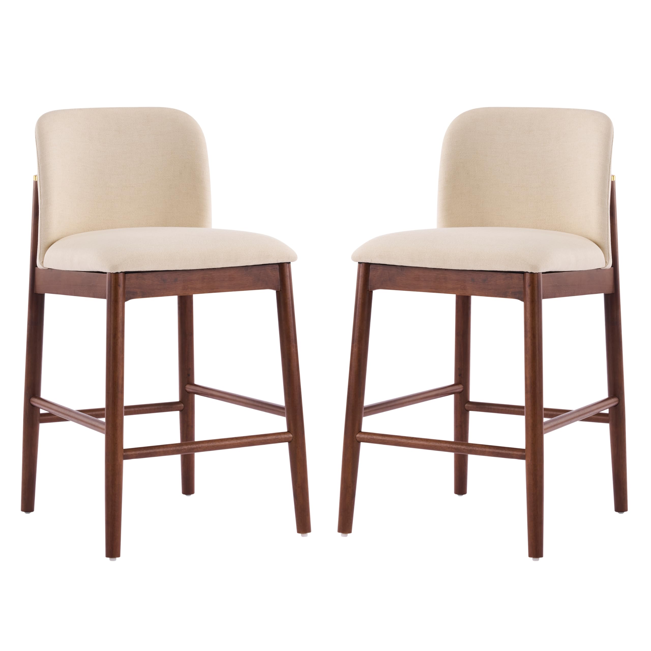 Christopher Knight Home Yumi Counter Height Bar Stools Set of 2, Fabric Upholstered Bar Stool for Kitchen Island, Armless Rubberwood Counter Stools with Solid Backrest + Footrest, Beige + Dark Walnut