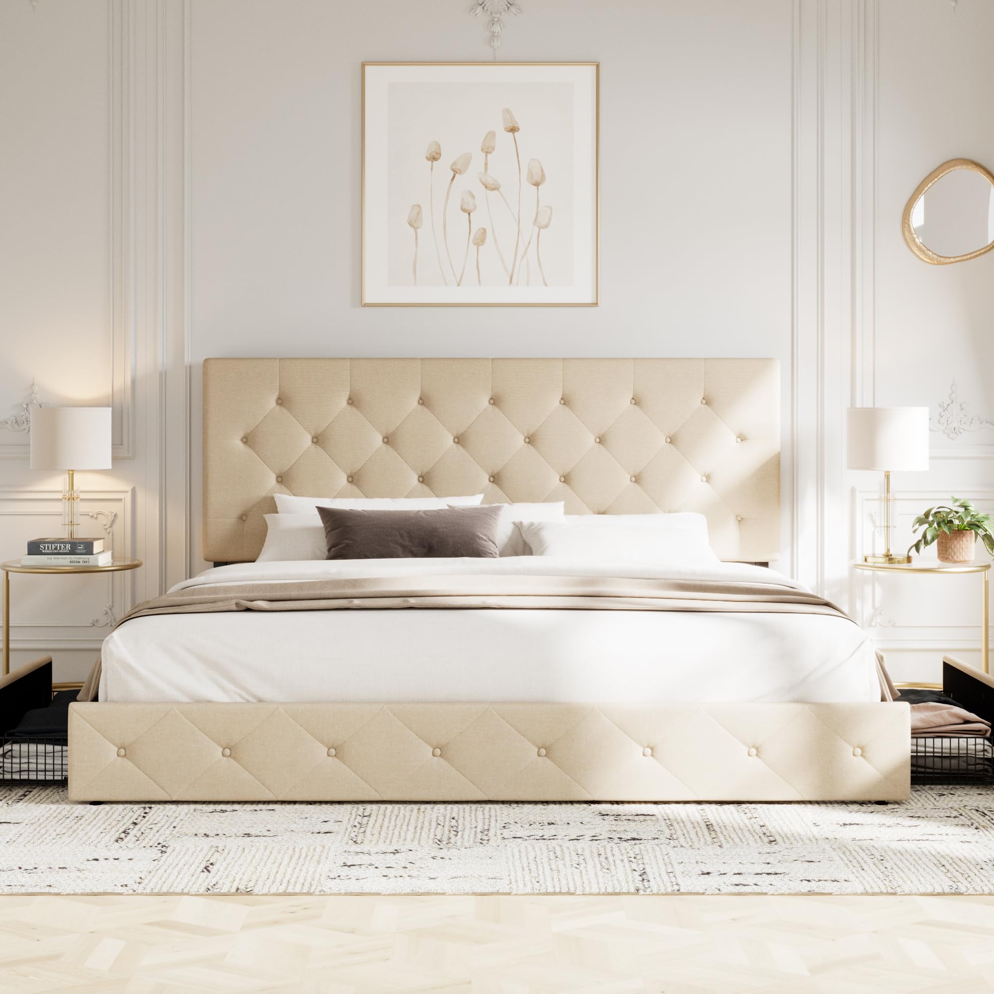 Allewie Upholstered King Size Platform Bed Frame with 4 Storage Drawers and Headboard, Diamond Stitched Button Tufted, Mattress Foundation with Wooden Slats Support, No Box Spring Needed, Beige