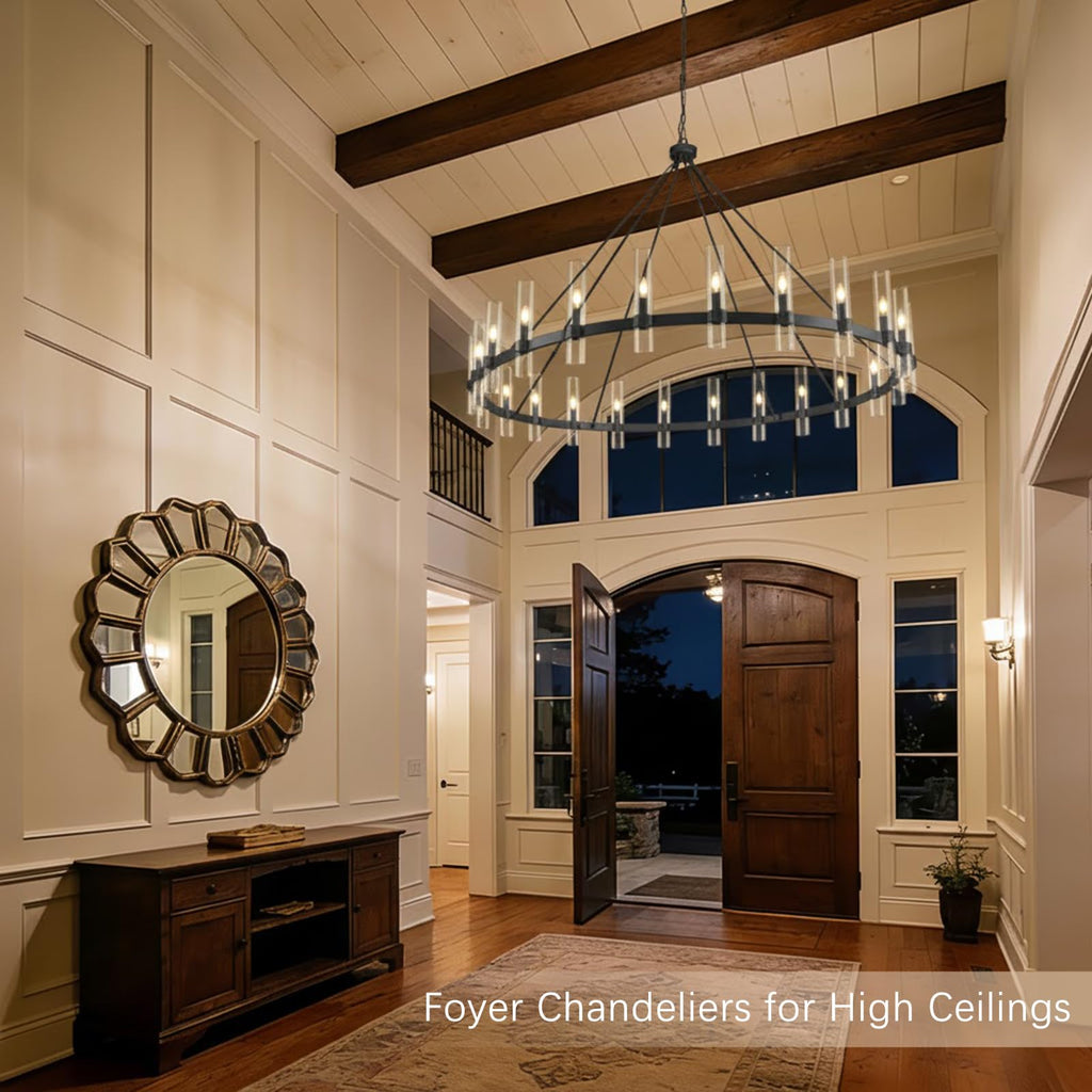 Black Wagon Wheel Chandelier 70 Inch, Large Chandeliers for High Ceilings, 24-Light Chandelier with Glass Shade, Modern Farmhouse Chandeliers for Living Room, Dining Room and Foyer(24 Bulbs Included)