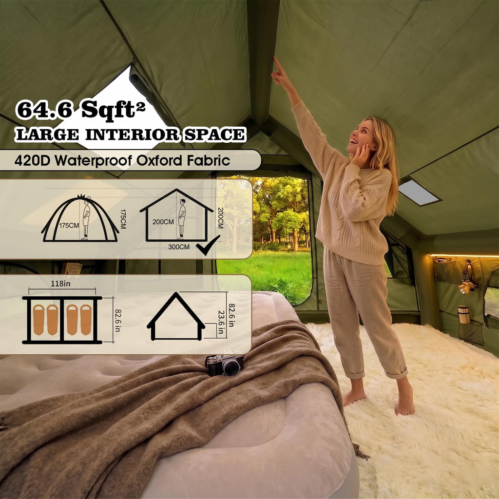 9.8' x 7' Inflatable Tents for Camping 4-6 Person, 4 Season Blow Up Tent with Waterproof & Anti-Moisture Tarp, Luxury Inflatable Hot Tent with Stove Jack for Camping Outdoors